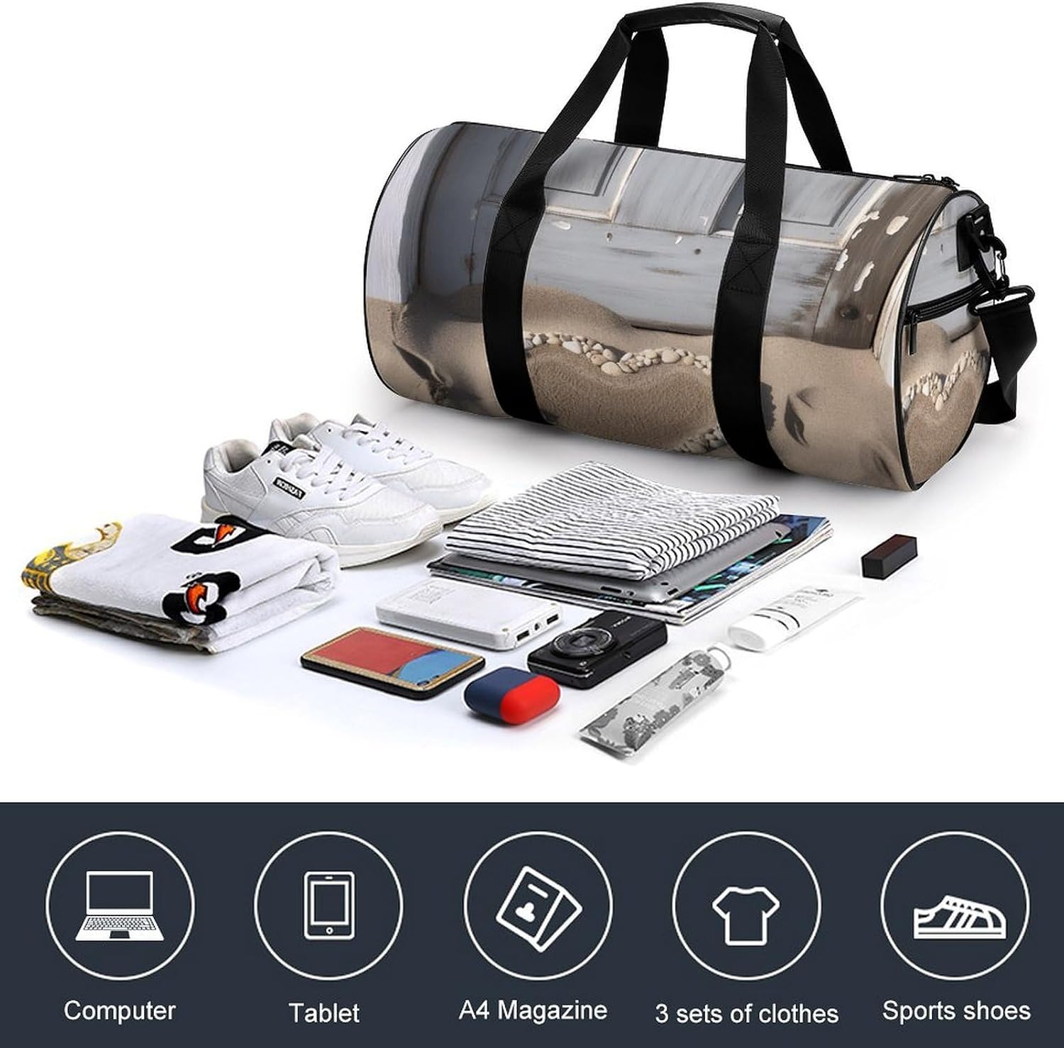 Beach Sand Heart Door Gym Bag Hand-held Fitness Bags Cylindrical Fitness Bag with Shoe Large Compartment Duffle Bags for Travel Sports Unisex image 4