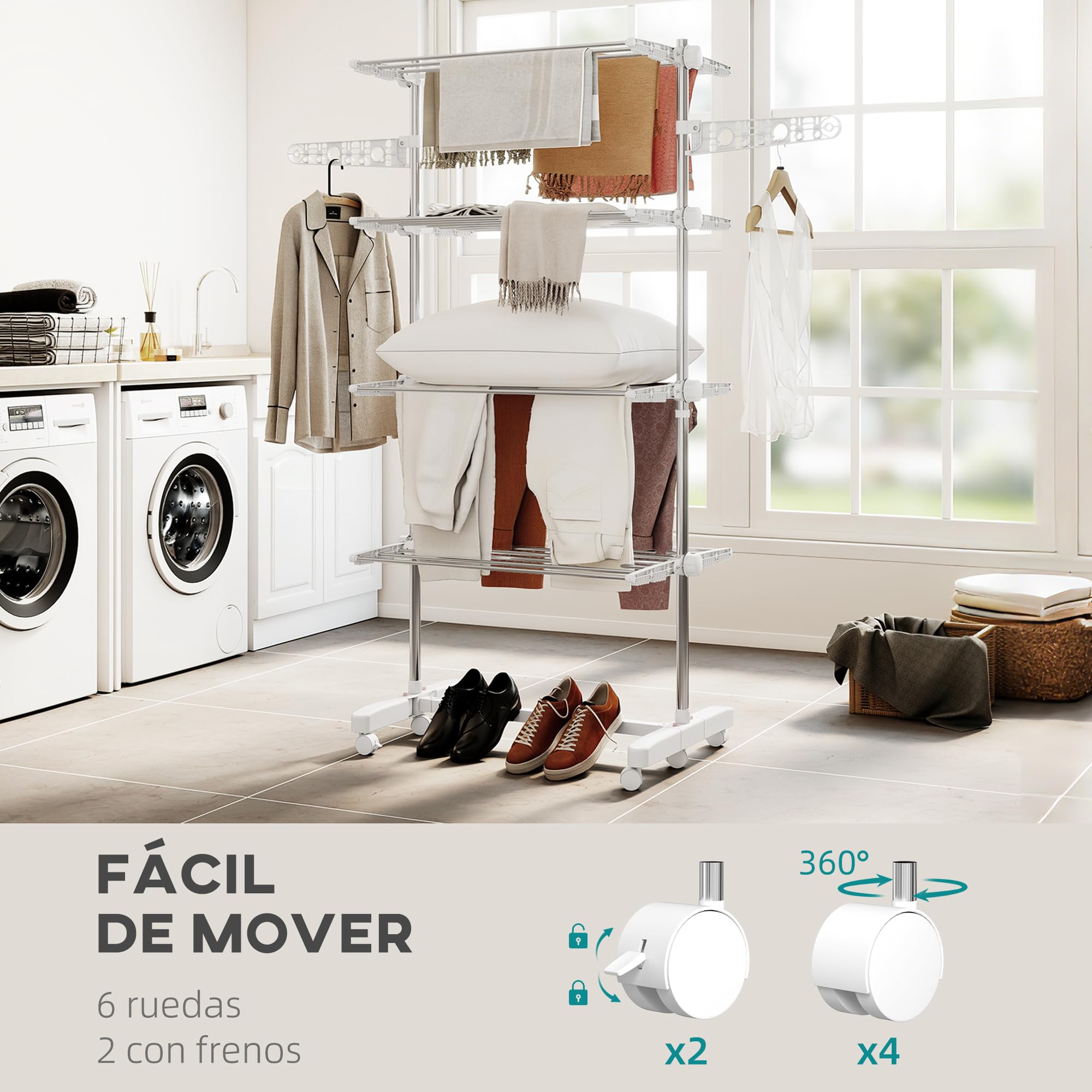 HOMCOM Tendedero Vertical Plegable Tendedero de Ropa con 6 Ruedas 2 Laterales Abatibles Estantes Ajustables y Marco de Acero Inoxidable para Interior y Exterior Blanco