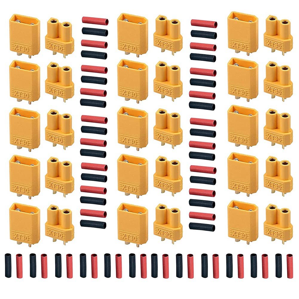 Pomoflexi XT30 15 Pairs Male Female Battery Connectors XT30U Male Female Connectors Round Plug Female with Heat Shrink Tube