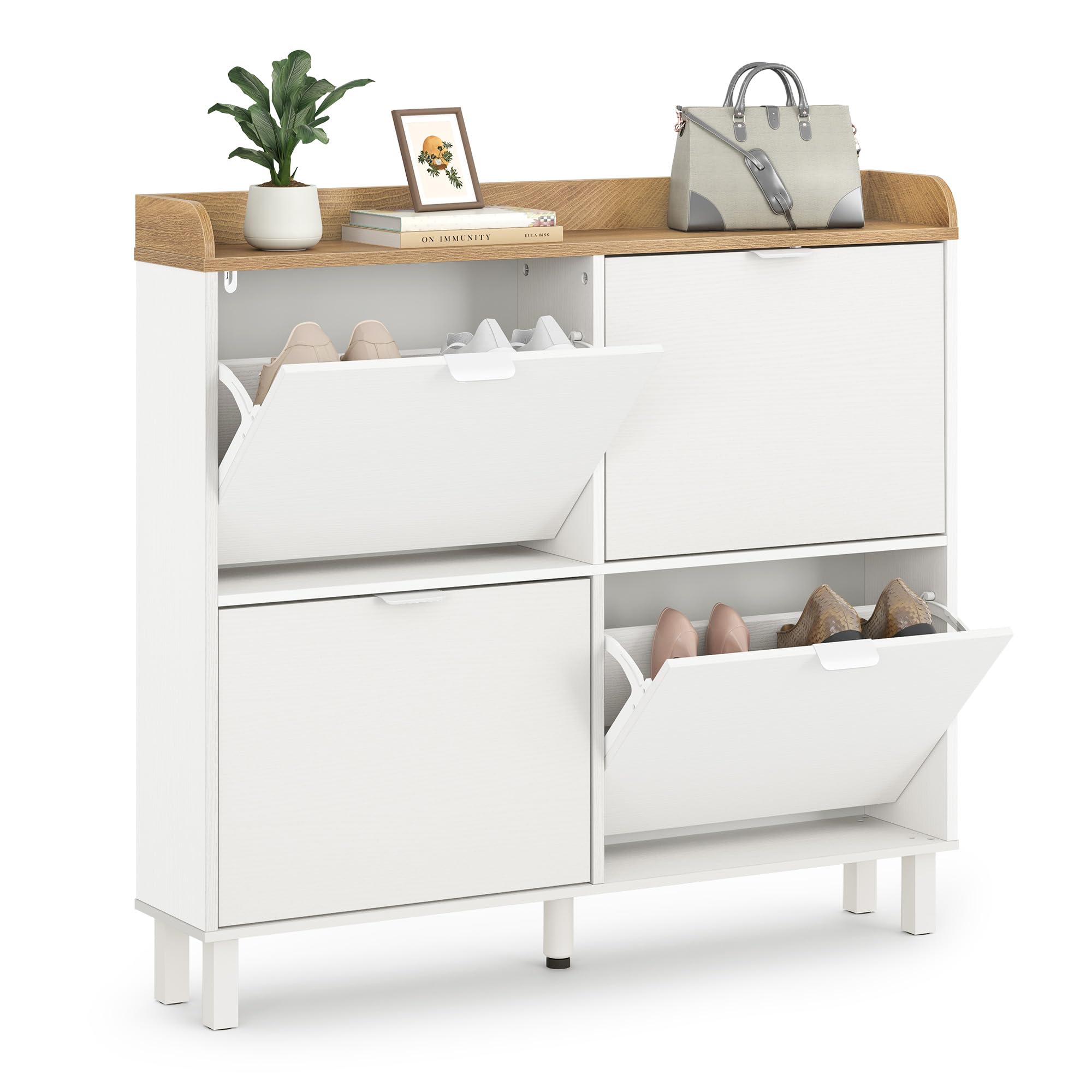 LUE BONA Zapatero, Zapatero Estrecho con 4 Tapas Abatibles, Gabinete Abatible con Base de Madera, Gabinete Cerrado Adecuado para Entrada y Pasillo 100x19x91.5 cm, Blanco.