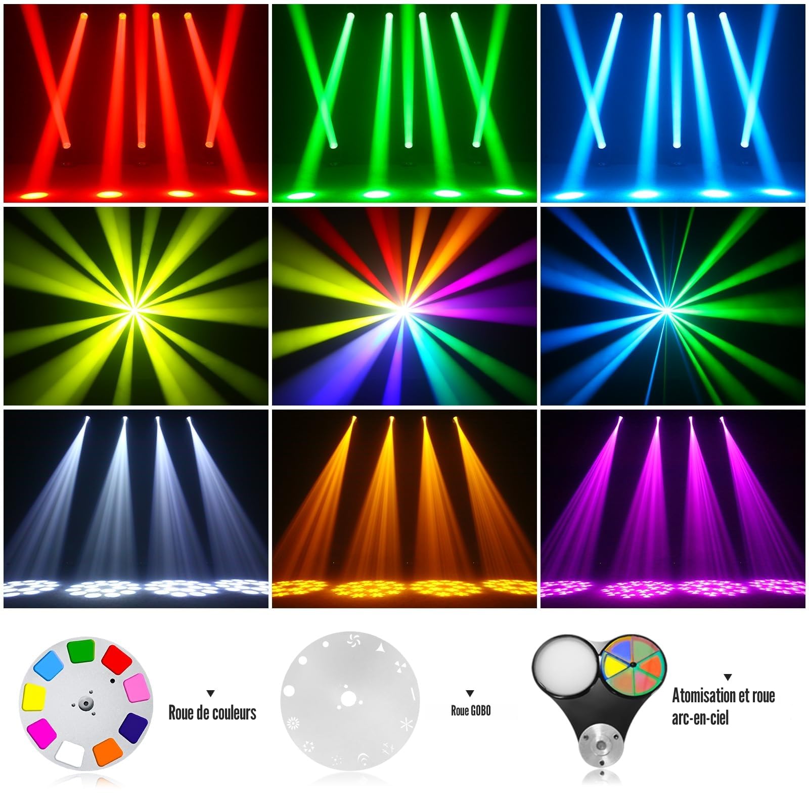 Lyre LED 200W Tête Mobile RGBW Beam Lumière de Scène, Focalisation Electronique 14 Patterns dmx512 Lampes de Fête 18 Prismes Rotation 360° Effet Arc-en-ciel Pour Noël DJ Discothèque Bar Mariage