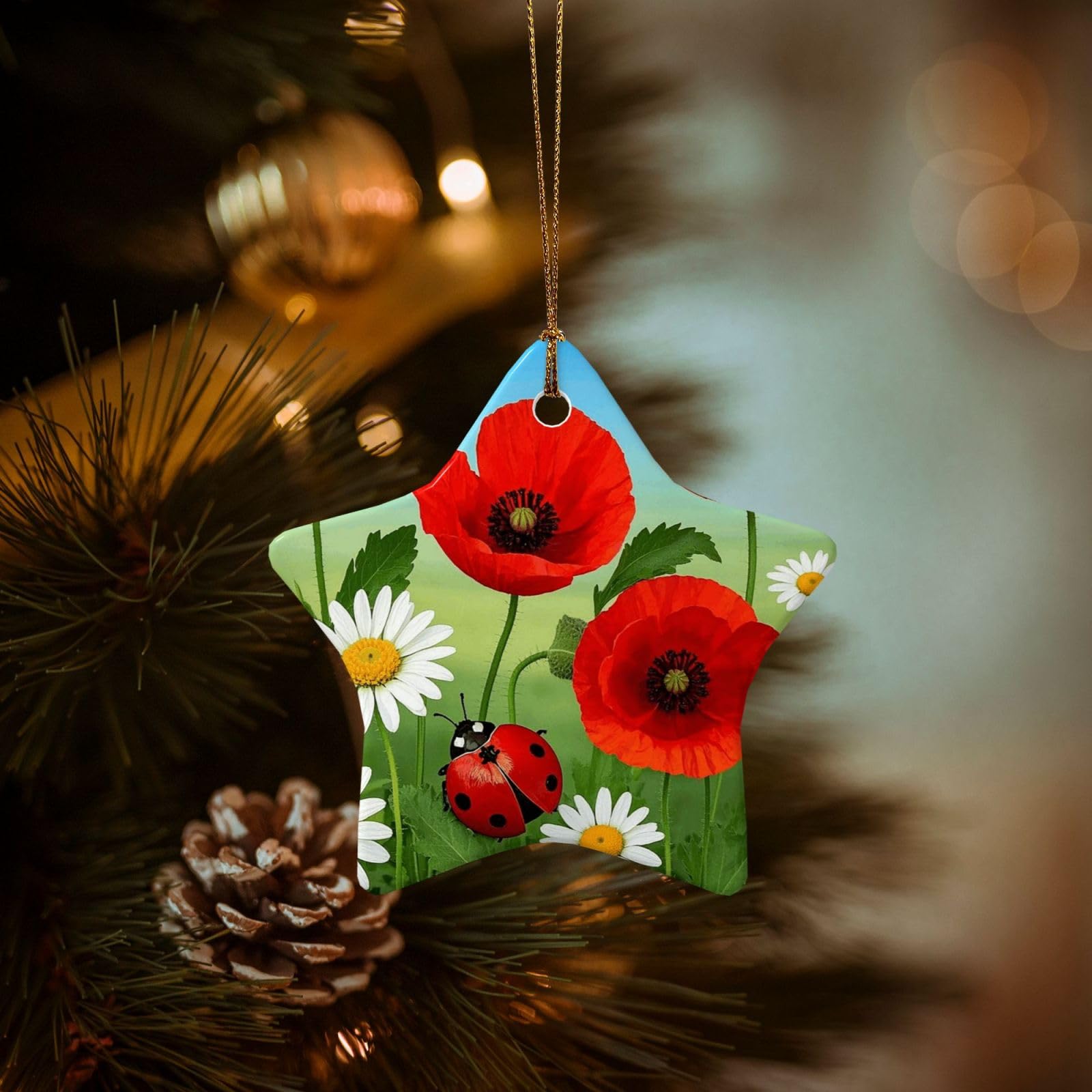 Christmas Ornaments for Christmas Tree Decoration Hanging Chamomile Ladybug and Daisy Ornament with Gold Ribbon Crafts Star Shape Ceramic Pendant for Keepsake Gifts Xmas Decor Party Supplies