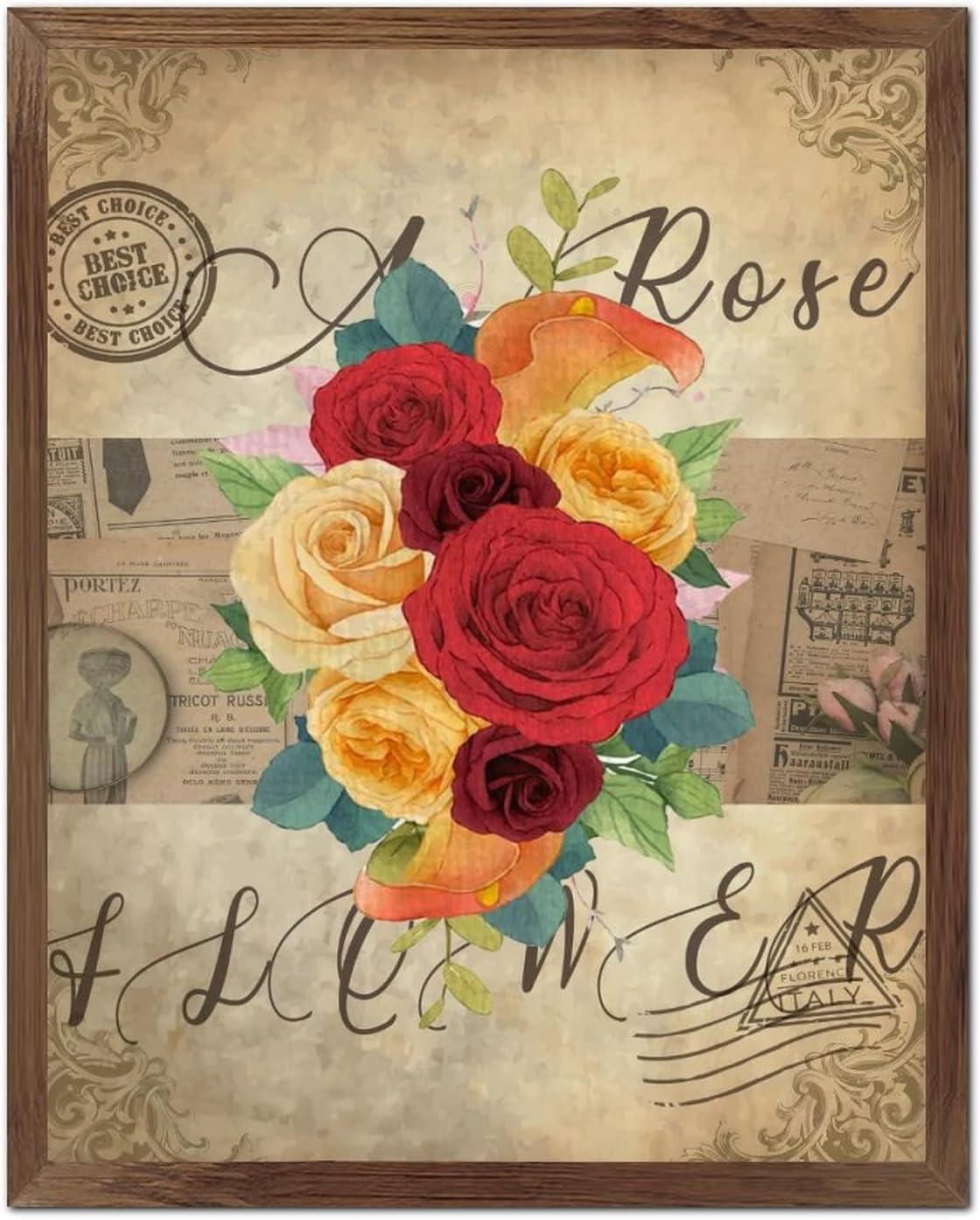 Vintage French Rose Flower Framed Wooden Sign Retro Newspaper Music Note Door Sign Retro Summer Floral Wall Decor Hanging Plaque Sign for Bedroom Living Room Wall Kitchen Home 20x16inch