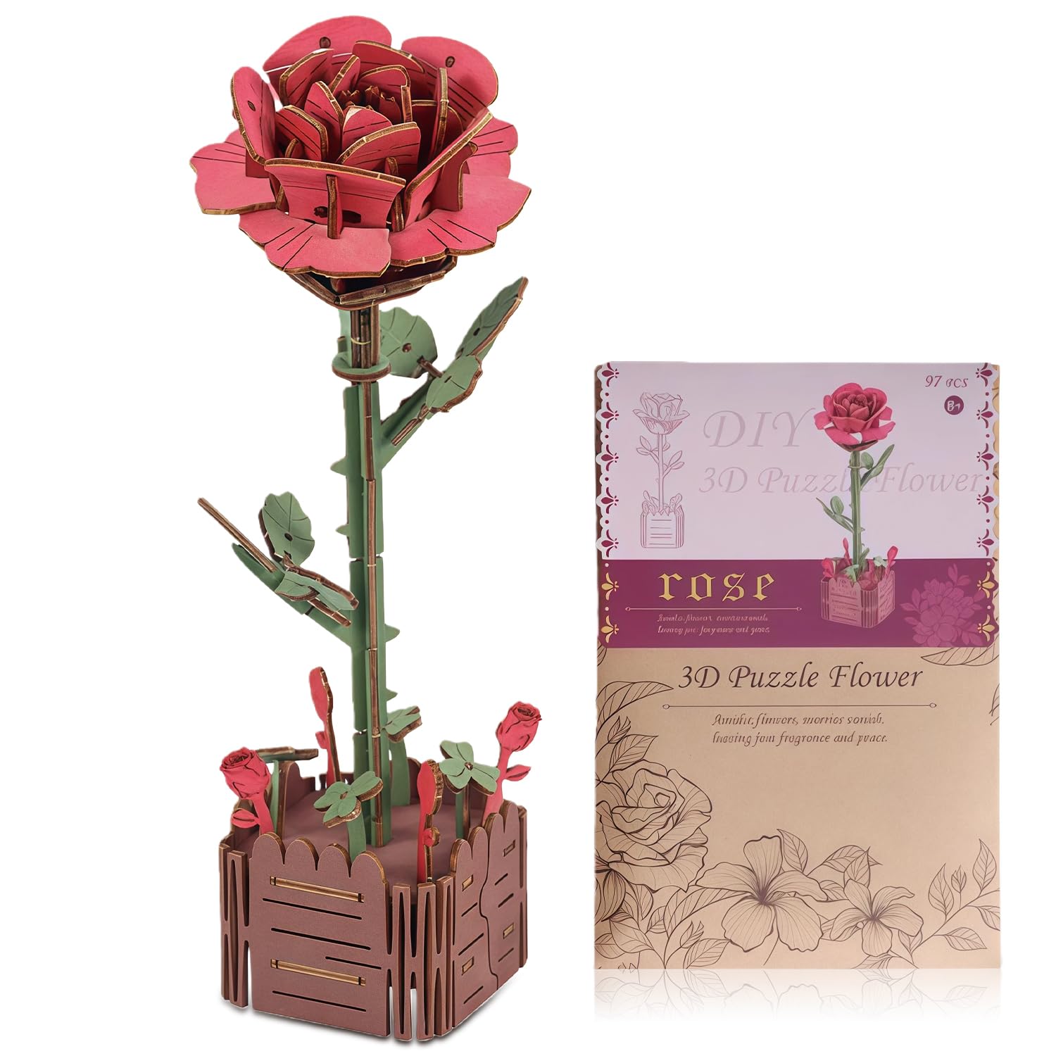 Wooden Bloom 3D Puzzle for Adults DIY Flowers Bouquet Assembly Model Kit with No Tools, Home Decor Gift for Women (Rose)