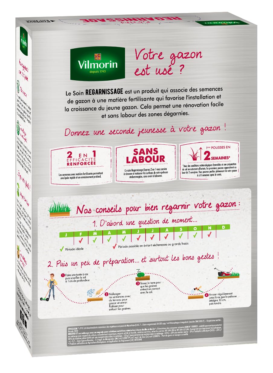 VILMORIN - Soin Regarnissage Universel 2 en 1 - Semences de gazon + Fortifiant naturel - Rénovation facile des gazons abîmés - Levée rapide - Enracinement profond - Pour tous types de gazons - 1 Kg - 2