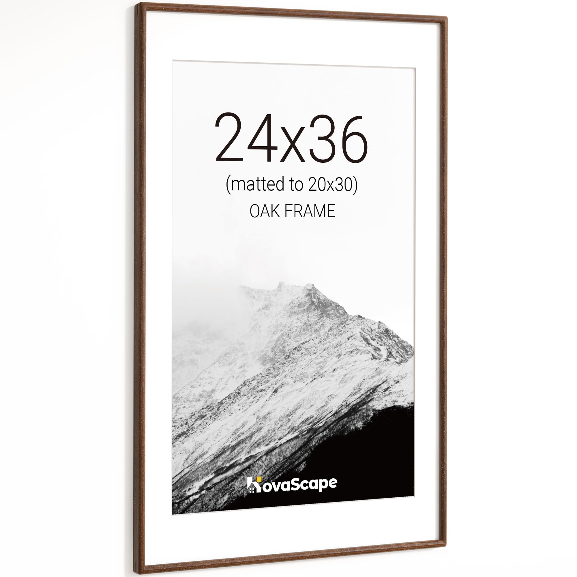 KovaScape 24x36 Picture Frame, Solid Oak Wood Photo Frame with Tempered Real Glass, Includes White Mount for 20x30 Photo, Rounded Corner Design, For Wall Hanging — image 1