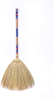 Natural Grass Thai Broom Vintage Retro Embroidered Woven Nylon, Handmade Broom, Housewarming Gift, Witch Broom, Broomstick Bamboo Stick Handle, Kong Grass Broom, Durable Broom for Indoor & Outdoor