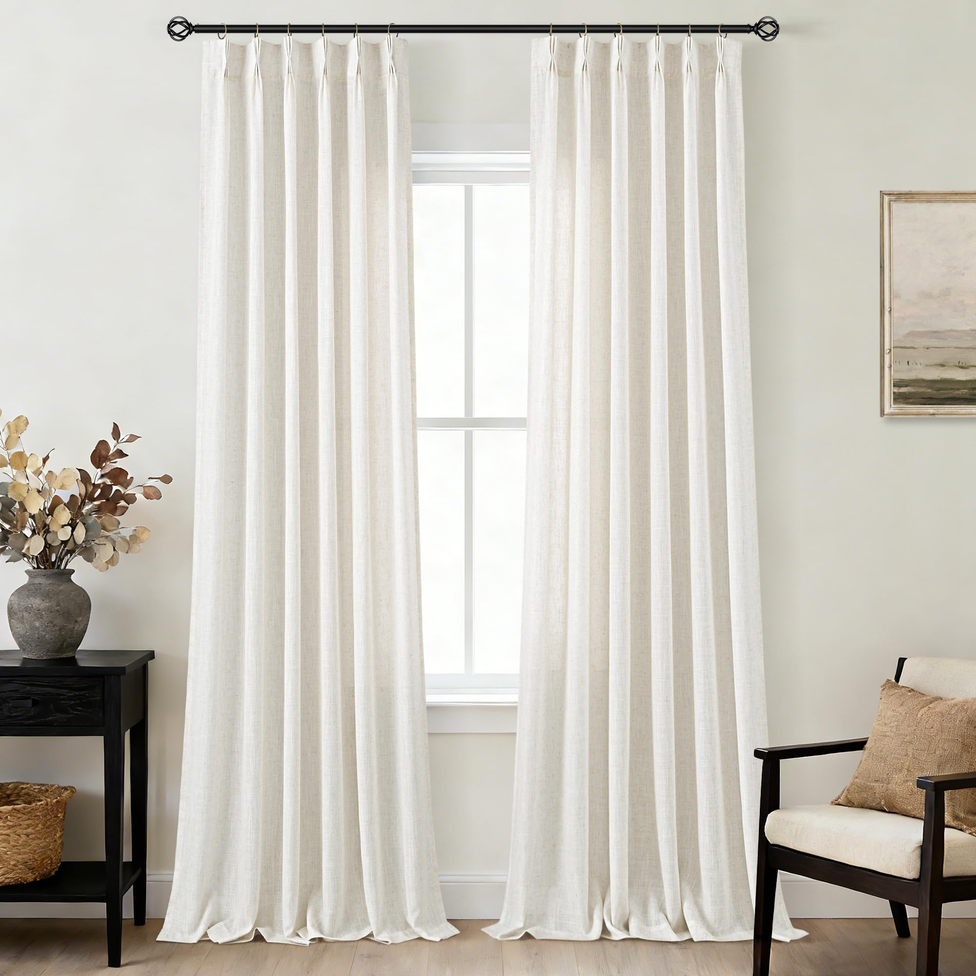 102 inch long pinch pleat linen curtains 2 panels set for living room sliding door natural cream light filtering semi sheer window curtain neutral farmhouse 102 inch pleated drapes with hooks rings