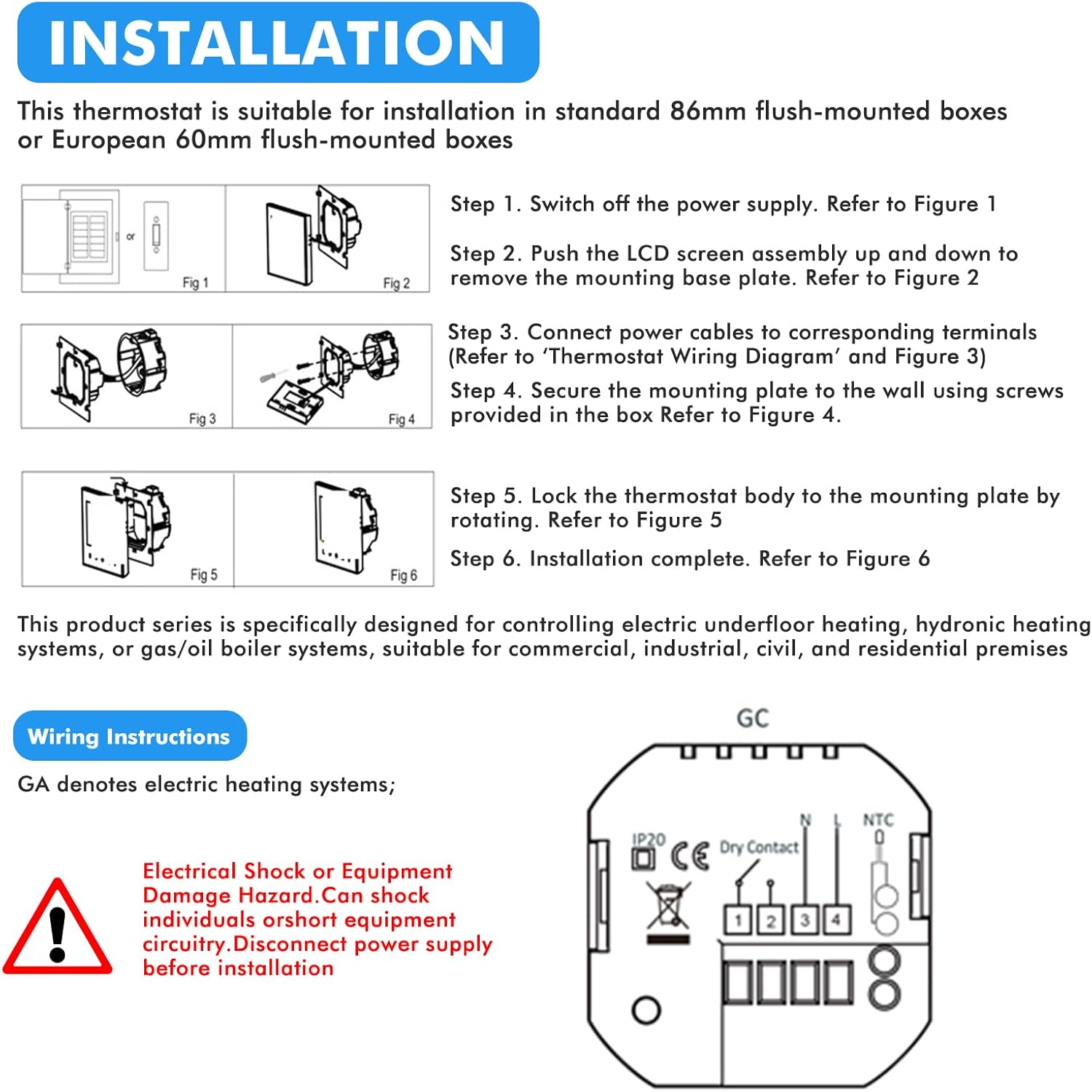 Step-by-step installation guide for the Wattive Smart Thermostat, showing mounting and wiring.