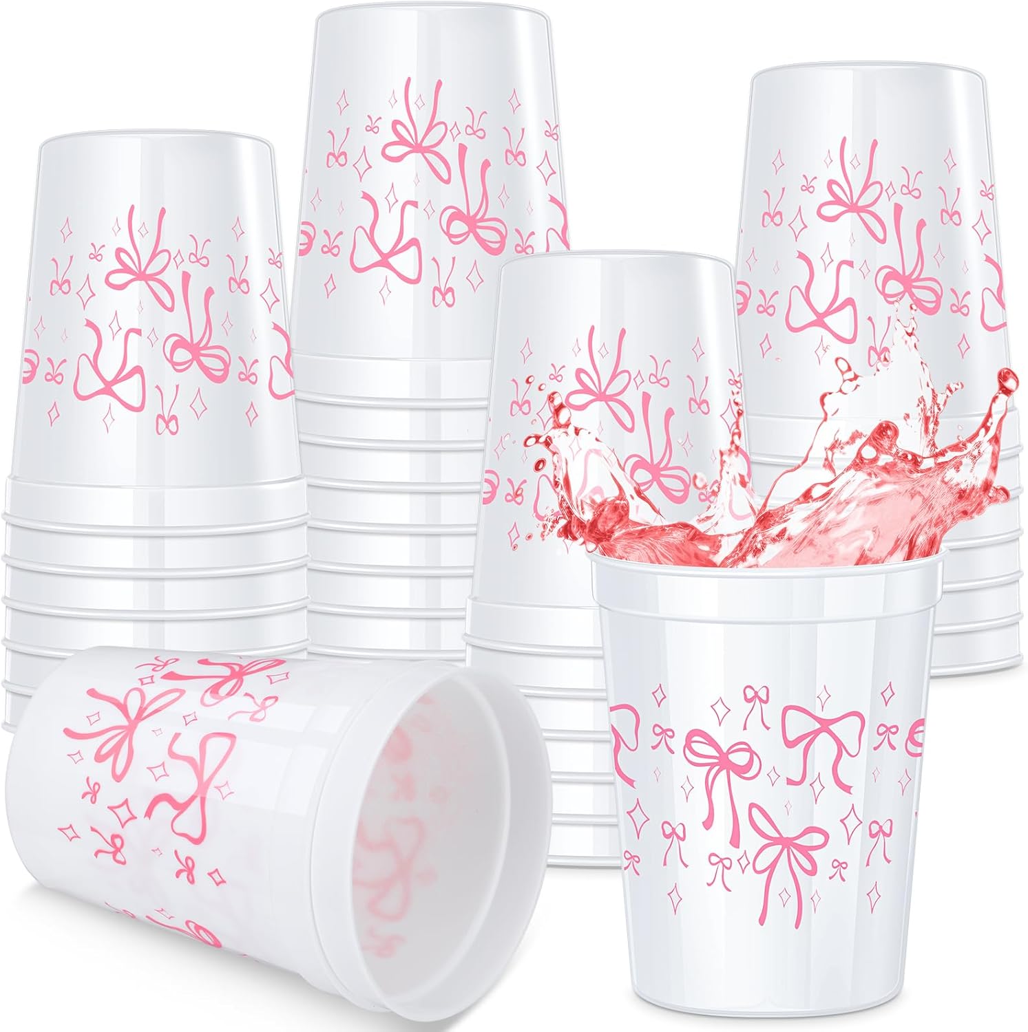 Qinyoung 24 Pcs Pink Bow Coquette Plastic Cups, 16 oz Reusable Cups Bow Themed Birthday Decorations for Bachelorette Wedding Baby Shower Party Favor