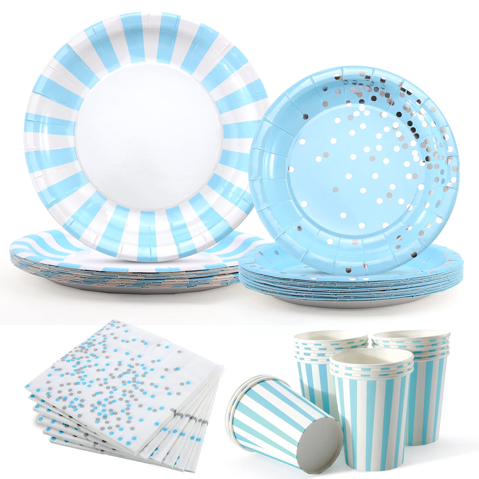 Blue Party Plates Cups and Napkins Set Disposable Party Tableware Blue White Paper Plates Napkins Cups for Birthday Baby Shower Party Supplies Tableware Christening Decorations Plates Boys 16th 18th