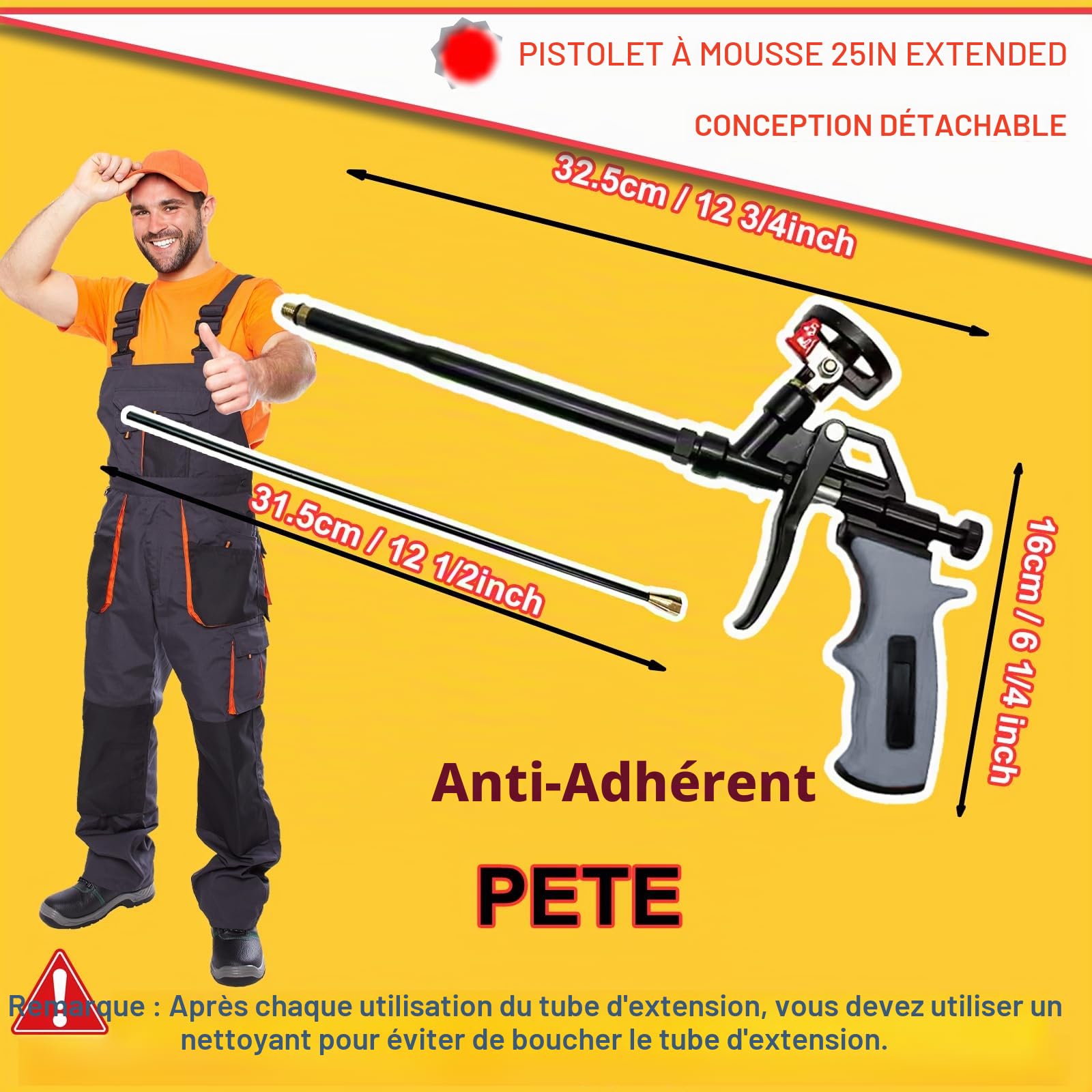 Pistolet à mousse extensible 63cm, pistolet professionnel pour mousse expansée avec revêtement PTFE, applicateur pour calfeutrage, isolation, remplissage, projets DIY (Gris)