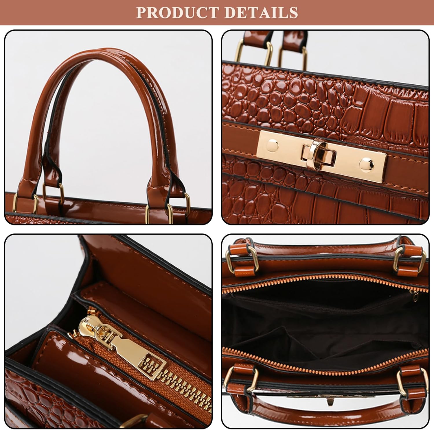 Women PU Leather Handbag Retro Crocodile Print Large Capacity Satchel Ladies Stylish Top Handle Crossbody Shoulder Bag