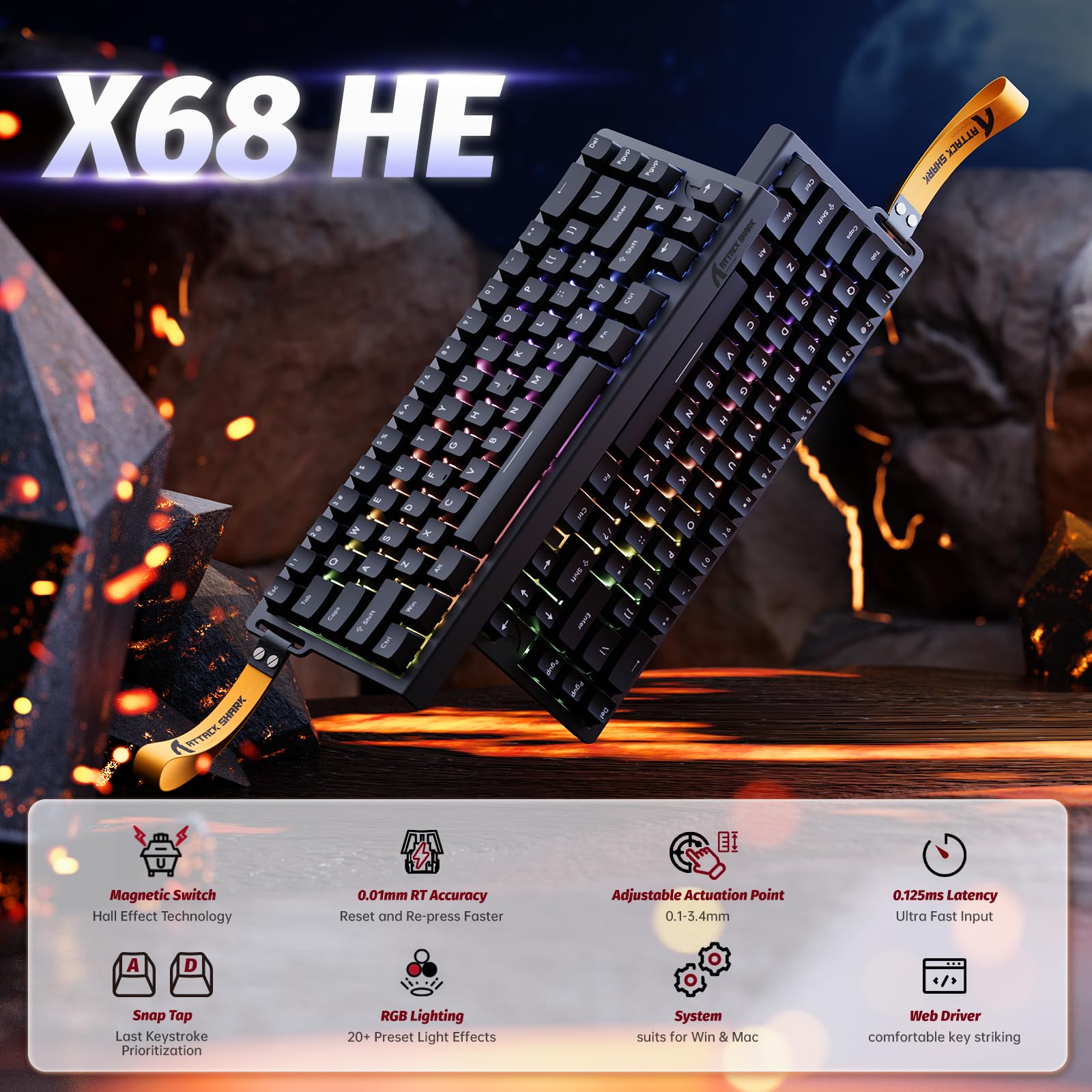MAMBASNAKE ATTACK SHARK X68 HE Rapid Trigger Klawiatura i Bezprzewodowa Mysz do Gier R1 i 8KHz Kabel Spiralny Combos, Dokładność RT 0,01mm, 8KHz Przewodowa Klawiatura Magnetyczna, do PC/Mac — Czarna