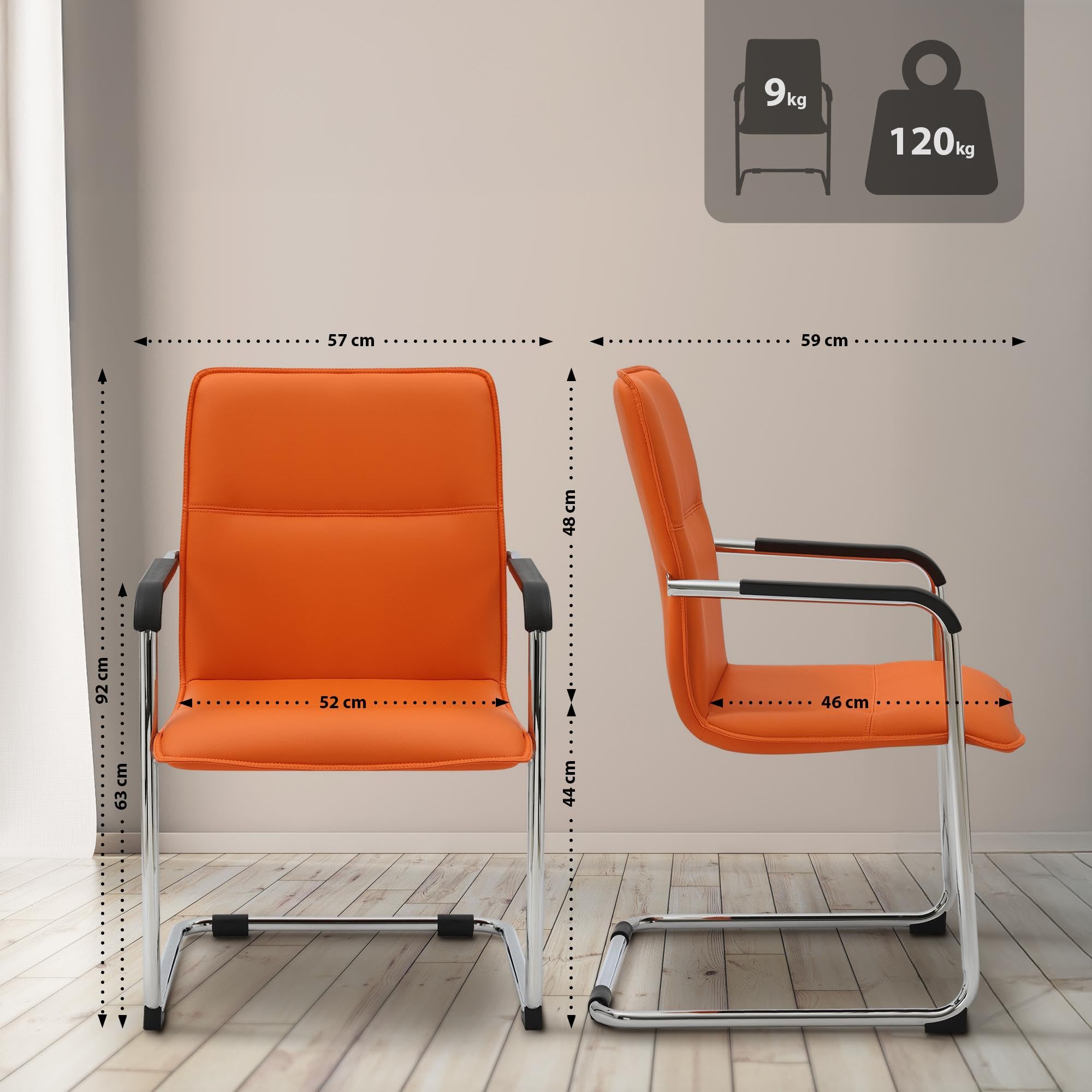 CLP Freischwinger Stühle 2er Set mit Armlehnen Seattle, Moderne Esszimmerstühle gepolstert mit Kunstlederbezügen, Gestelle in Chromoptik, Farbe:orange