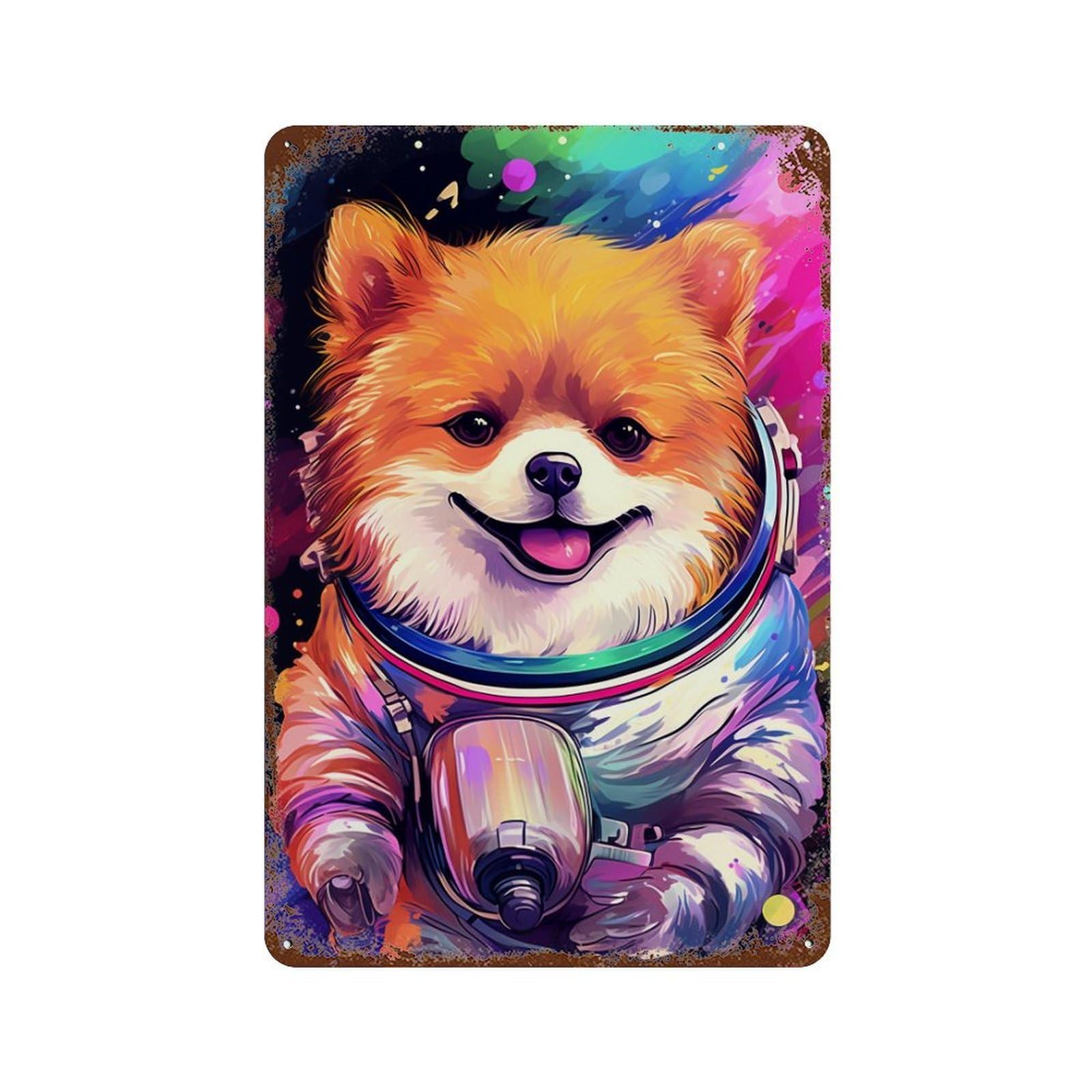 Aged Metal Wall Plaque with Space Pomeranian Adventure -12 Design 11.8"x7.9", for Farmhouse, Kitchen And Entryway Decor, Old School Wall Decor