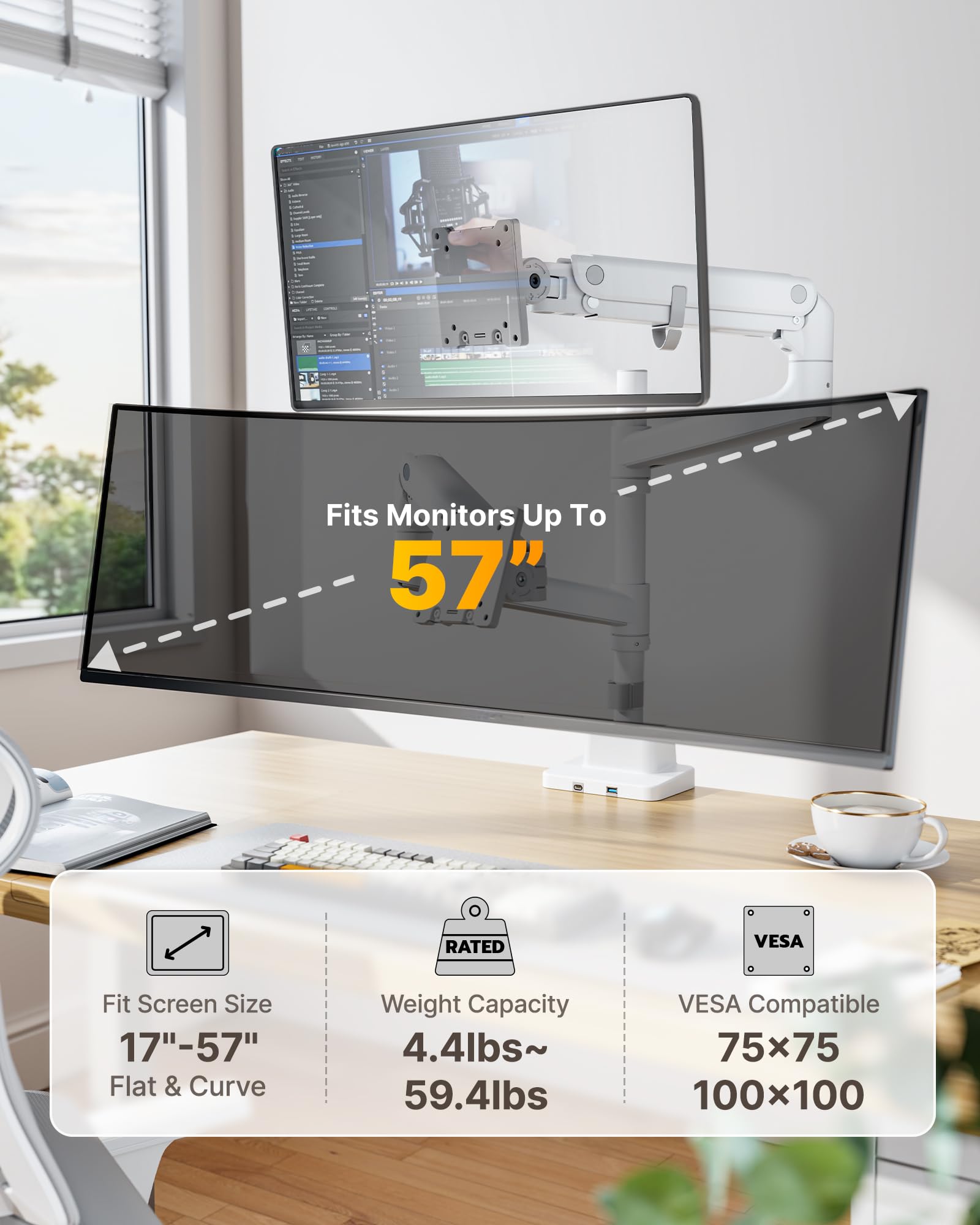monTEK Double bras de moniteur ultra large pour écrans d'ordinateur de 17 à 57", supporte jusqu'à 27 kg, bras réglable à ressort à gaz avec USB A/C, support de moniteur vertical empilable robuste