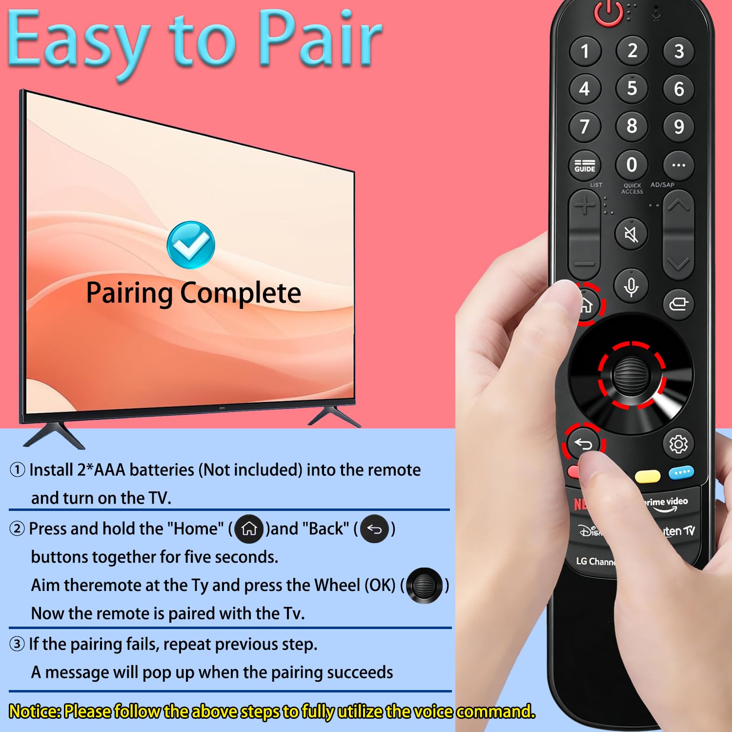 Magic Remote Control AN-MR24GA/23GA/22GA/21GA con funzione vocale e puntatore compatibile con telecomando LG Smart TV, compatibile con LG Smart TV WebOS, OLED, QNED, NANOCell, 4K, 8K