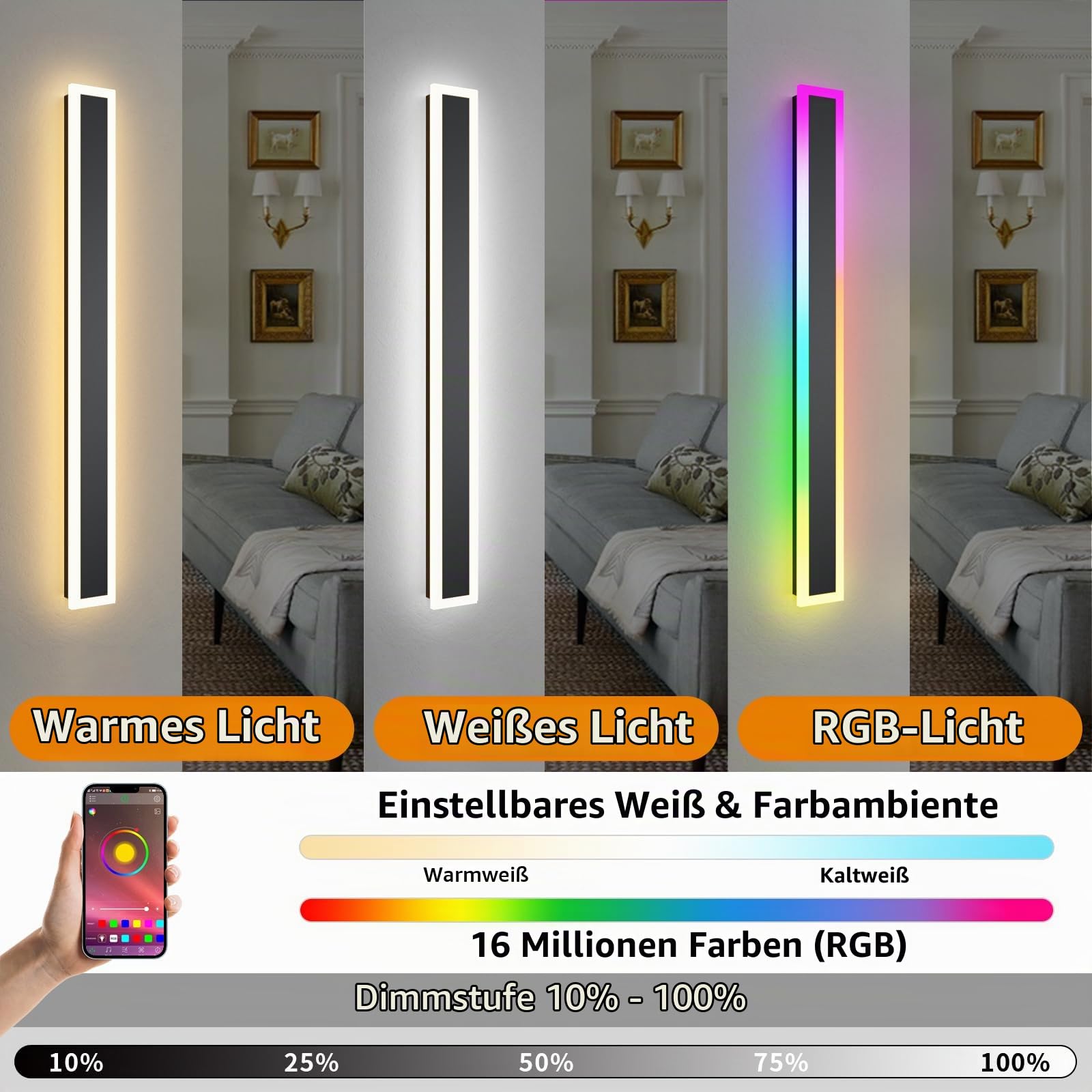 RGB Lange Wandleuchte LED Wandleuchte Außen, 2 Stück RGB/Warmes/Weiß Dimmbare Moderne Wandbeleuchtung, Ip65 Wasserdichte mit Fernbedienung und APP Steuerung für Außen/Innen, Gärten, Villa (150.0cm)