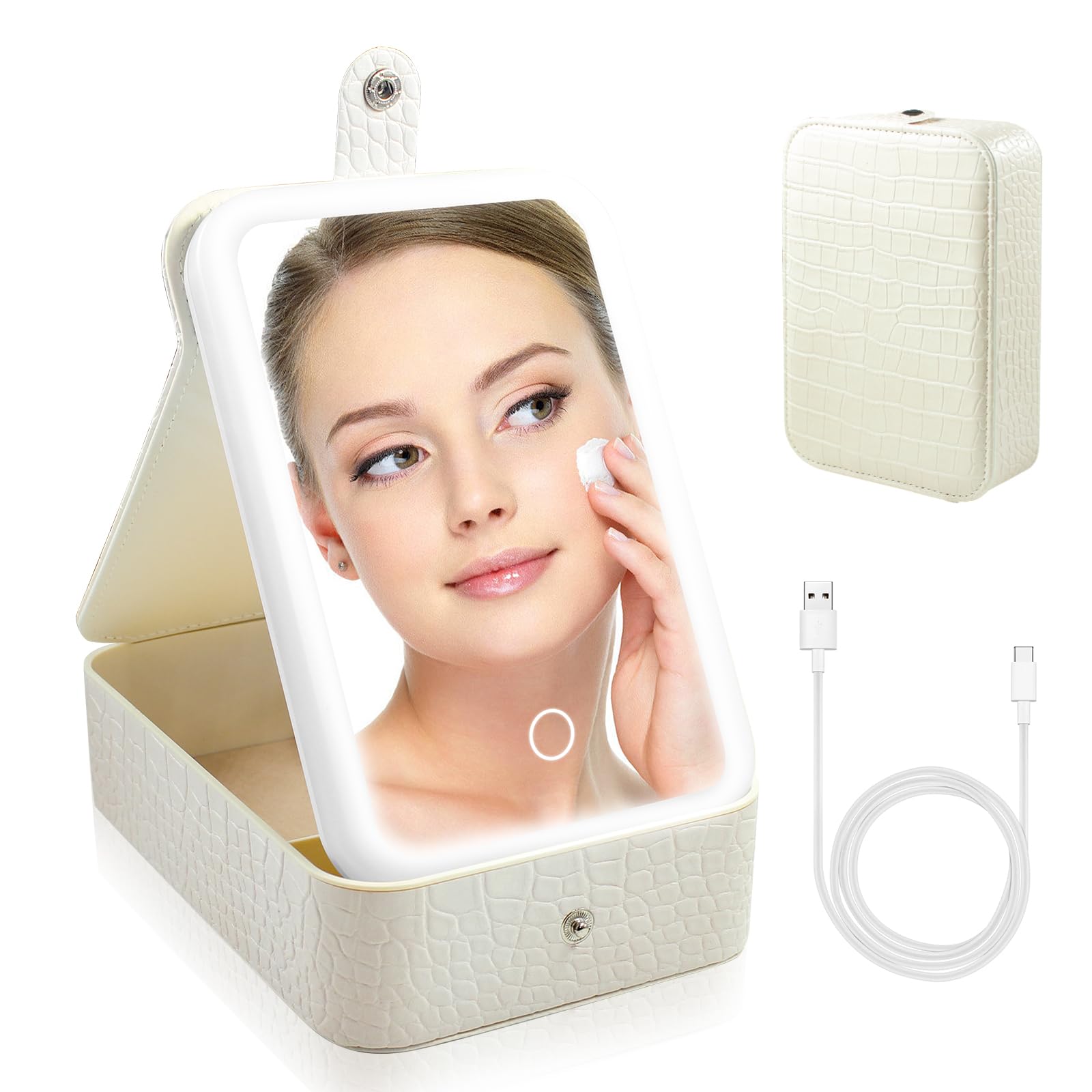 Senbos Travel Makeup Bag with LED Mirror – Portable Cosmetic Organizer Case with 3-Color Adjustable Lighting, Rechargeable Touch Control Mirror,