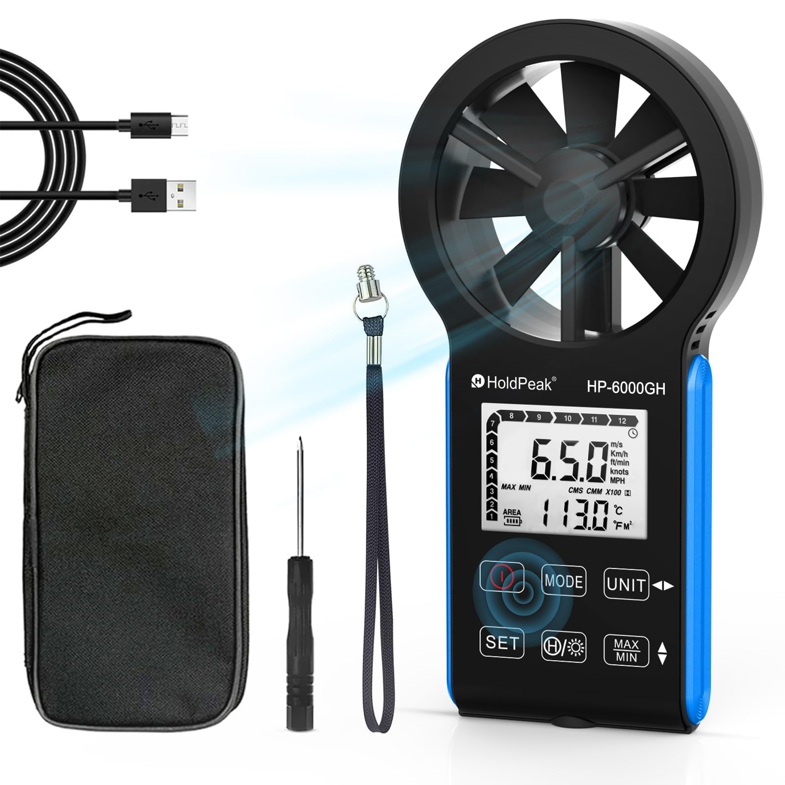 Anémomètre Numérique, Anémomètre Rechargeable, VMC Anémomètre Mesurer la Vitesse du Vent/Température écran LCD Rétroéclairé, Anémomètre Portatif pour Extérieur pour kitesurfing HVAC drone