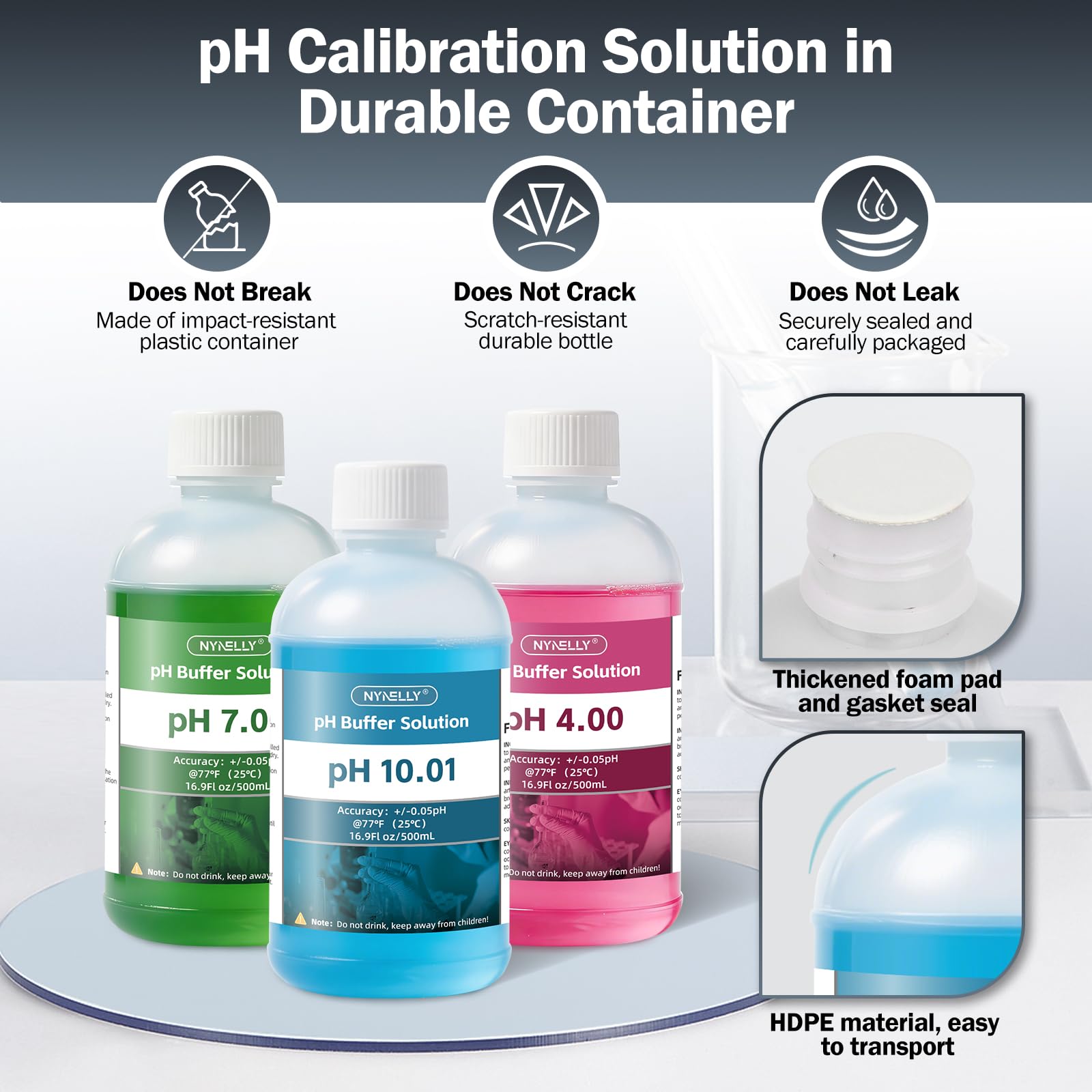 Kit de Solution d'étalonnage pour pH Metre, 3 Flacons de 500 ml Solution Tampon pH 7.00/4.00/10.01 avec 3 Gobelets Doseurs, et 30 ml Solution de Stockage de Sonde pH, Mesures de pH