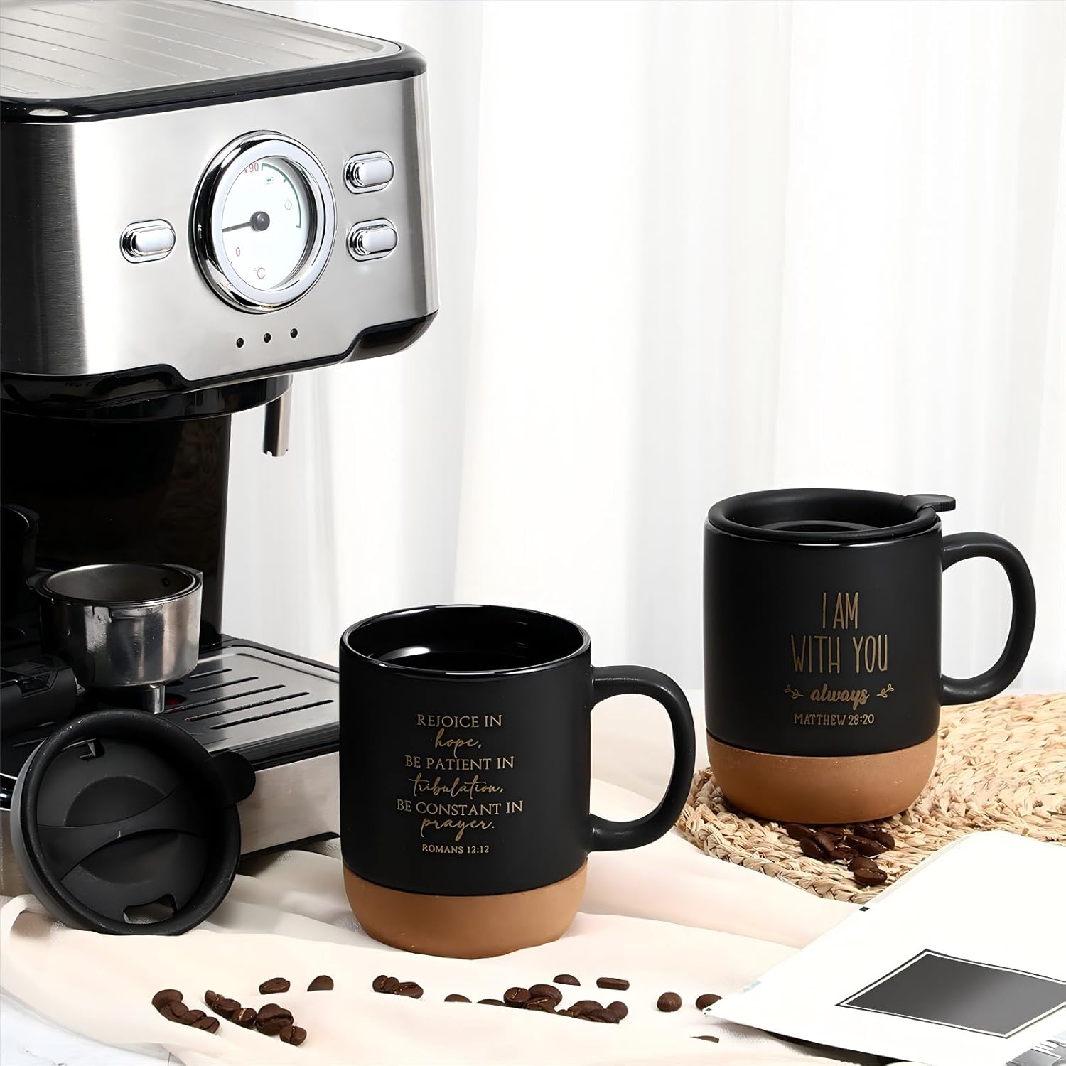 FillTouch 12 Pcs Christian Mothers Day Coffee Mugs 15 oz Religious Cup Cork Bottom Coffee Mug with Verse Inspirational Gifts for Women Men Father Teacher Church Bible Study(Black,Classics)