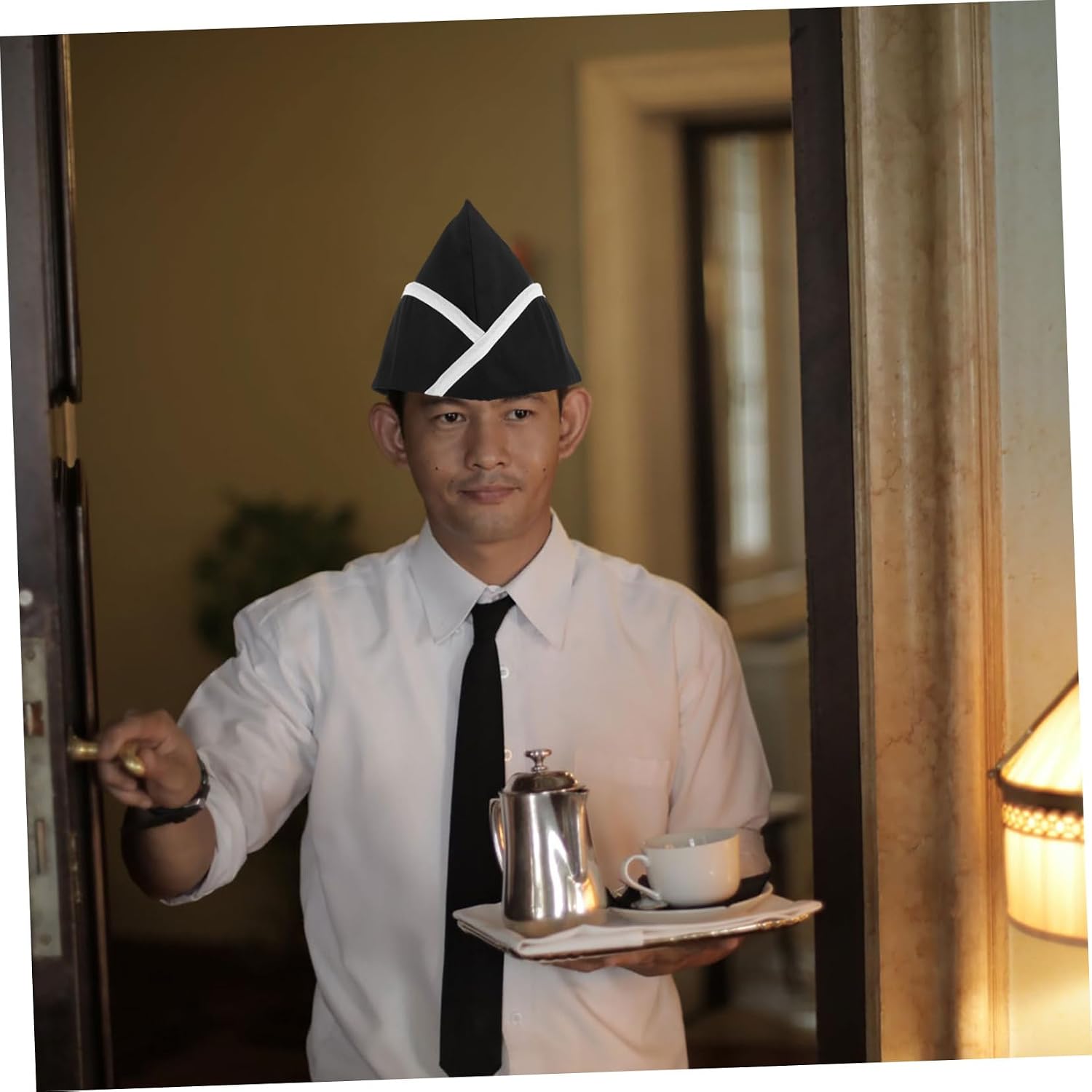 SHOWERORO Chef Hat for Men and Women Food Service Hat Kitchen Work Cap Black with White Stripe 1pcs Hygiene Cooking Cap for Restaurant Hotel Staff