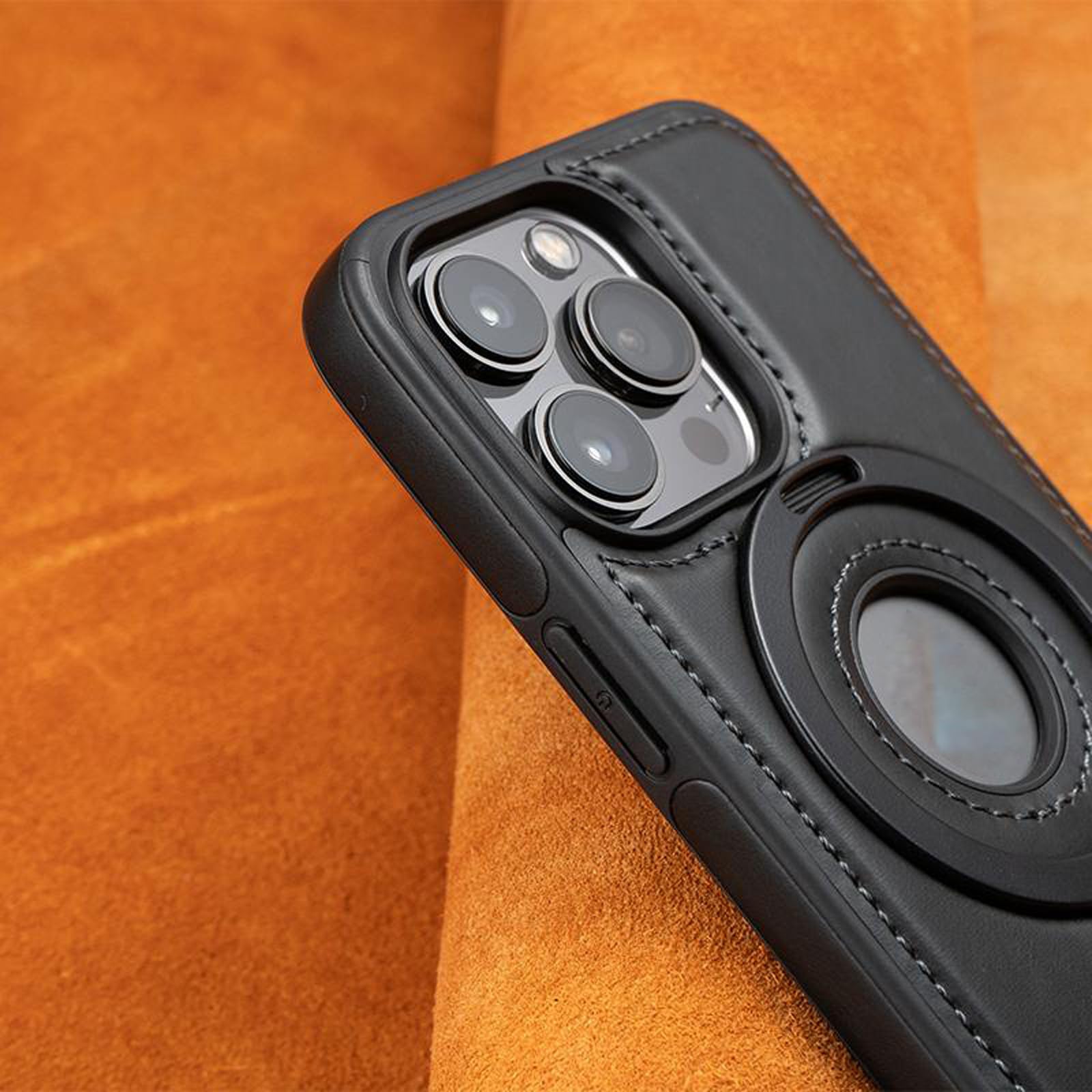 Skórzane etui do iPhone'a 16 Pro Max/16 Pro/16 Plus/16, etui na telefon z ładowaniem bezprzewodowym, podstawką na pierścień i pętlą na palec, logo View, brązowe, 16 Pro