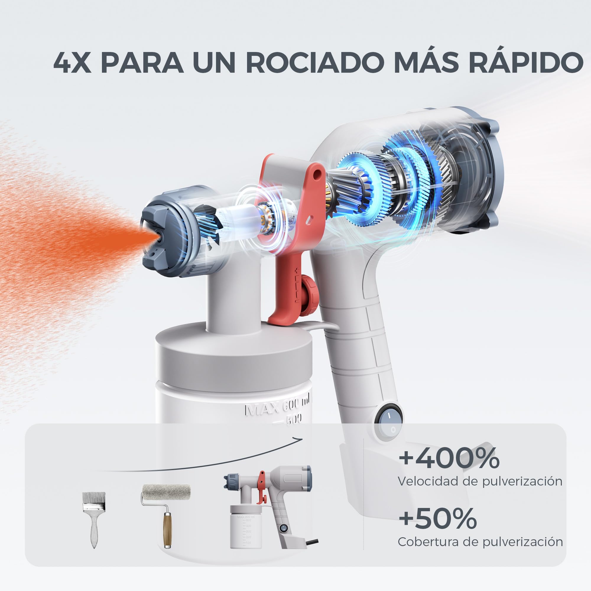 Tilswall Pistola de Pintura Eléctrica - Versión Mejorada Pulverizador de Pintura Ultraligera con Tanque Desmontable De 600ml, 2 Boquillas & 3 Modos, Paredes, Techos, Muebles, Vallas, Jardín, Blanco