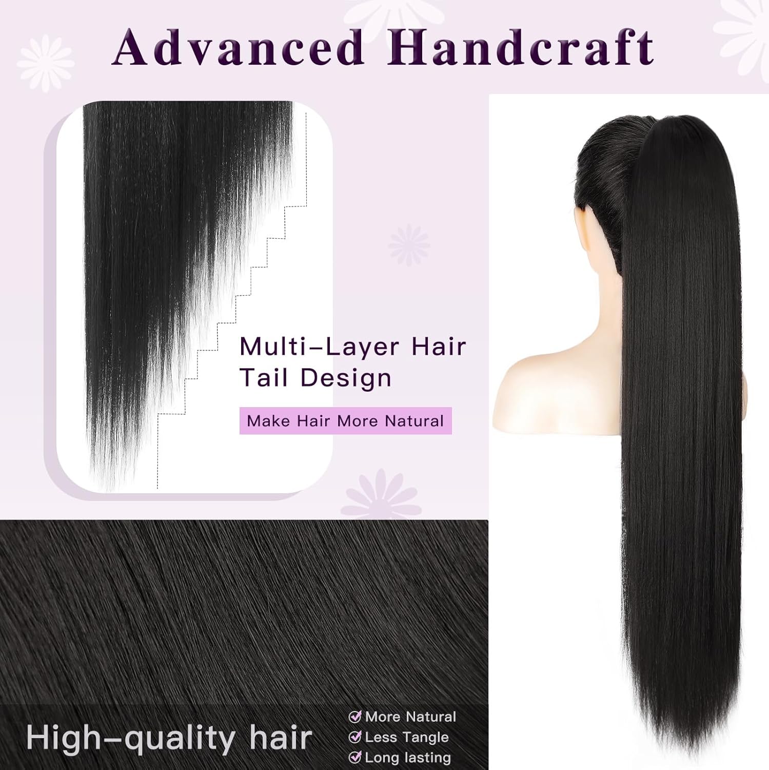 HMD Ponytail Extension, Long Straight Drawstring Pony Tail Hair Pieces Synthetic Ponytails Natural Soft Clip in Hair Extension ponytail for Women