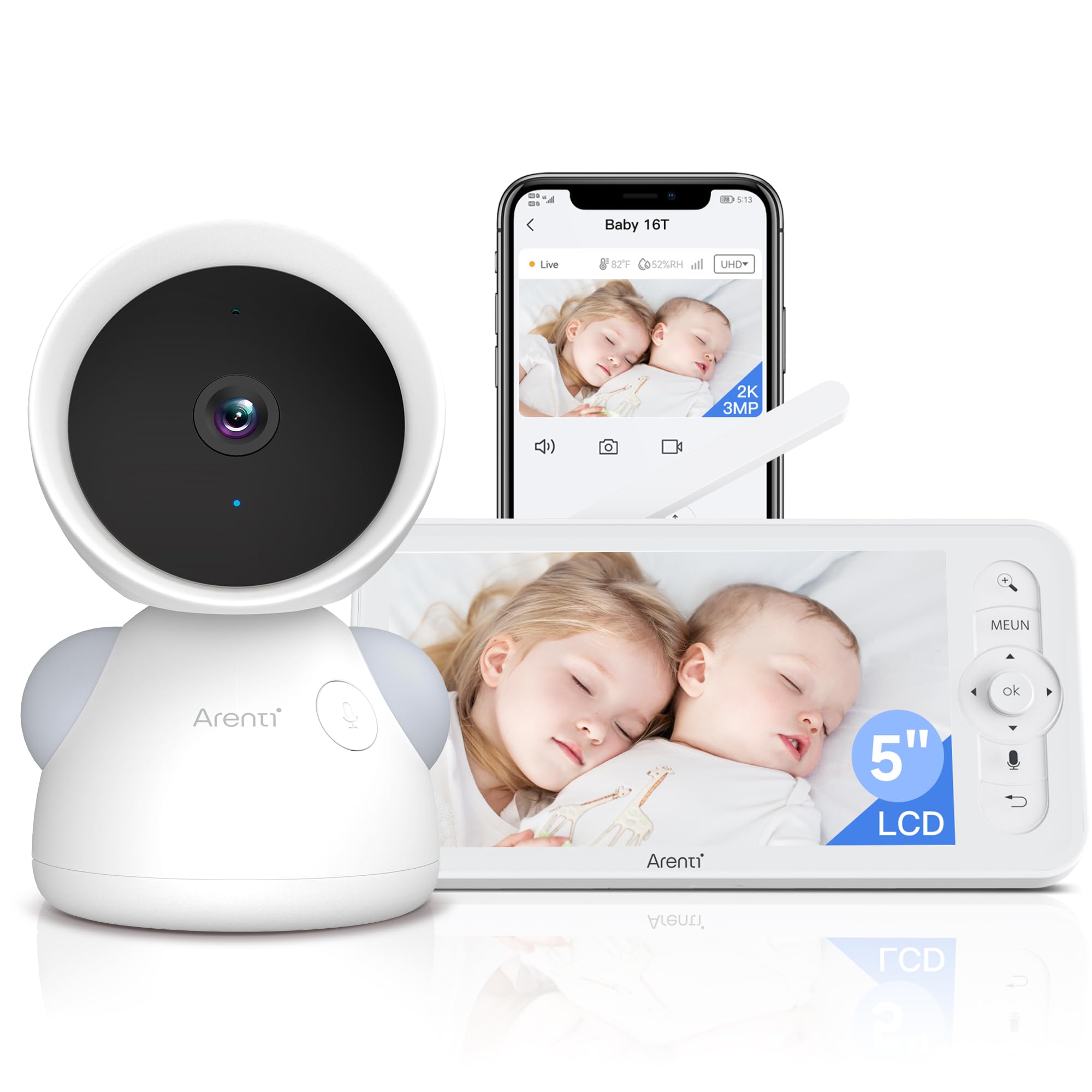 ARENTI Baby Monitor Video e Audio, 2K Telecamera Bambini con Monitor 5‘’, Rilevamento di Temperatura/Umidità e Suoni/Movimenti, Visione Notturna, Promemoria di Allattamento, Audio Bidirezionale