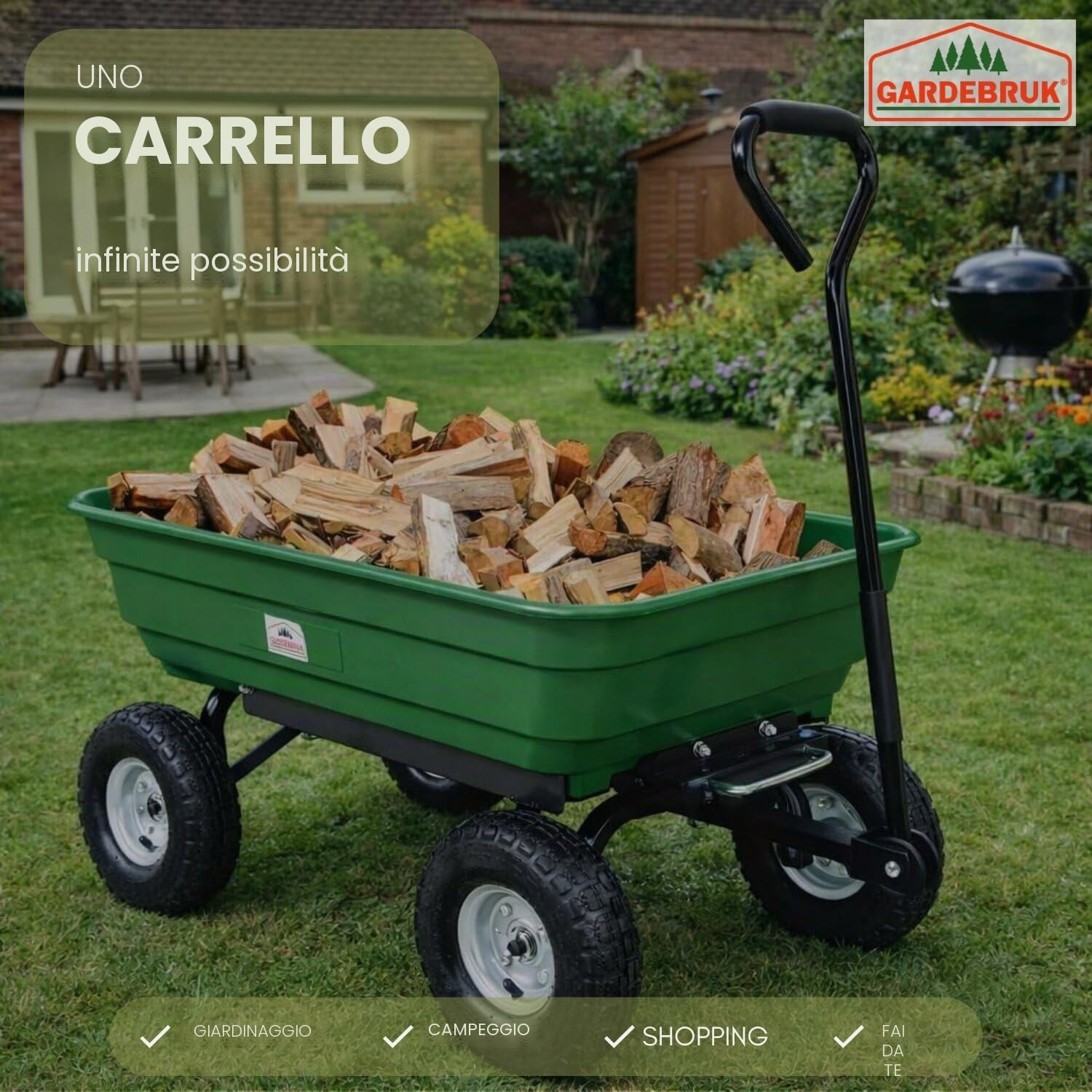 GARDEBRUK® Carrello da Giardino Max. 300kg Cassone Ribaltabile Funzione Inclinazione Cariola Giardinaggio