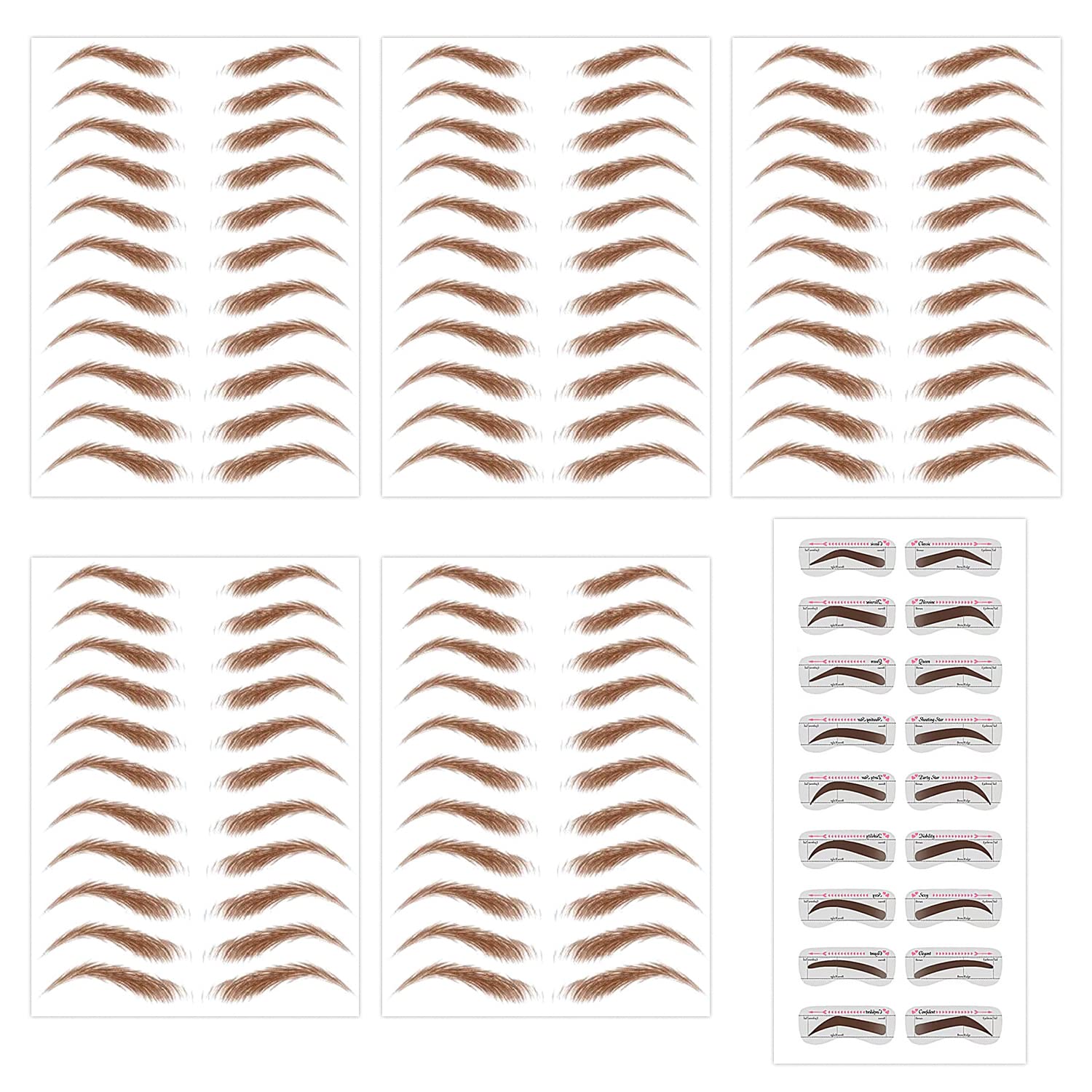 5 hojas (55 pares) de pegatinas de tatuaje de cejas marrones con 10 pares de tarjetas de tordo, pegatinas de cejas duraderas impermeables, pegatinas de transferencia de cejas realistas 6D