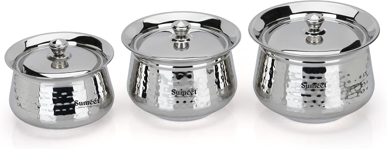 Sumeet Stainless Steel Handcrafted Hammered Texture Handi Set with Lid for Kitchen, Set of 3, 950ml, 1300ml & 1700ml, Silver