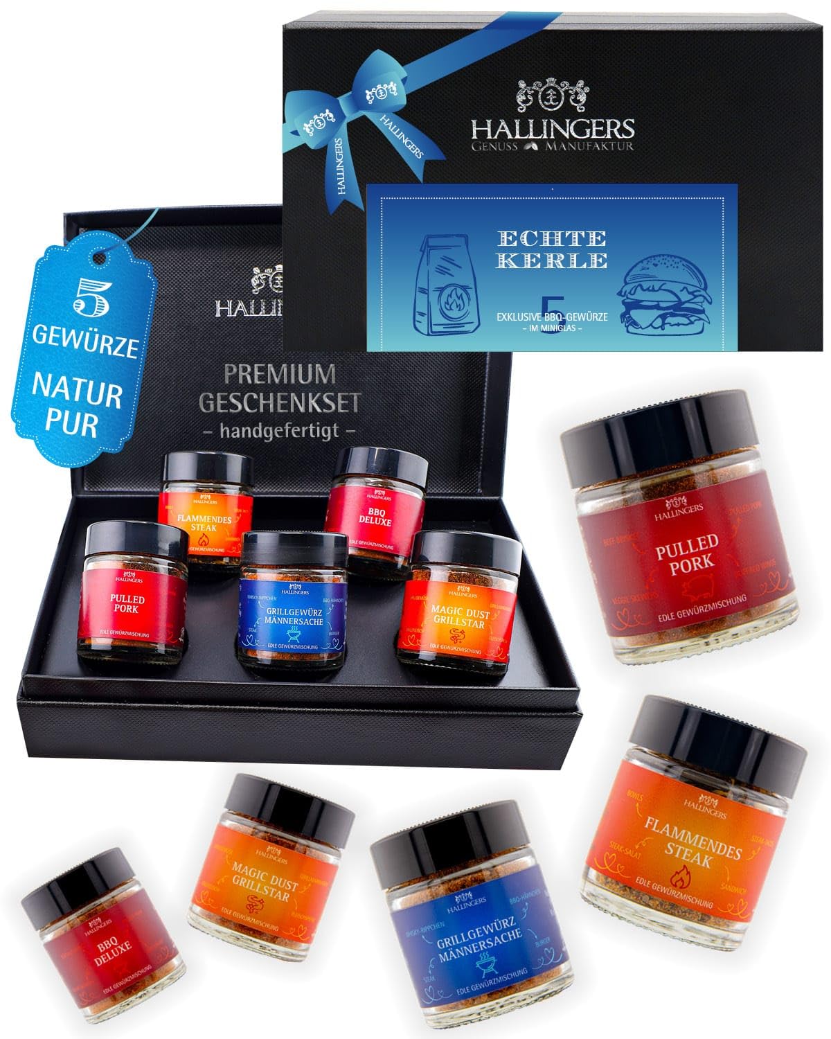 Hallingers Genuss Manufaktur Gewürz Geschenk-Set - 5 Gewürze aus aller Welt in wertiger Geschenkbox mit Rezept-Booklet "Echte Kerle", Geschenkidee für Männer Freund