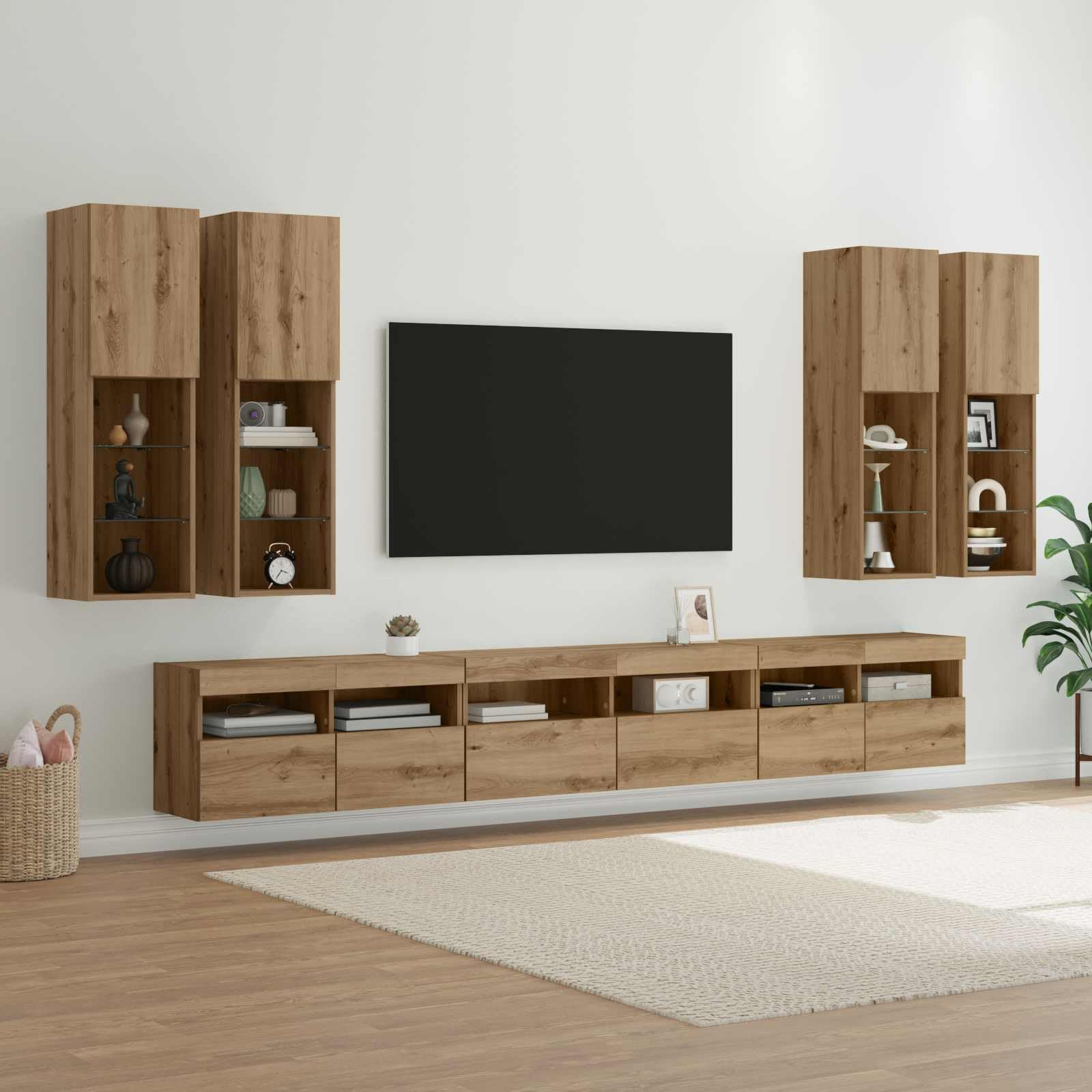 Zestaw regałów ściennych do telewizora, 7-częściowy, dąb Artisan, materiał drewnopochodny, nowoczesny design, oszczędność miejsca, zarządzanie kablami, montaż ścienny, wszechstronne miejsce