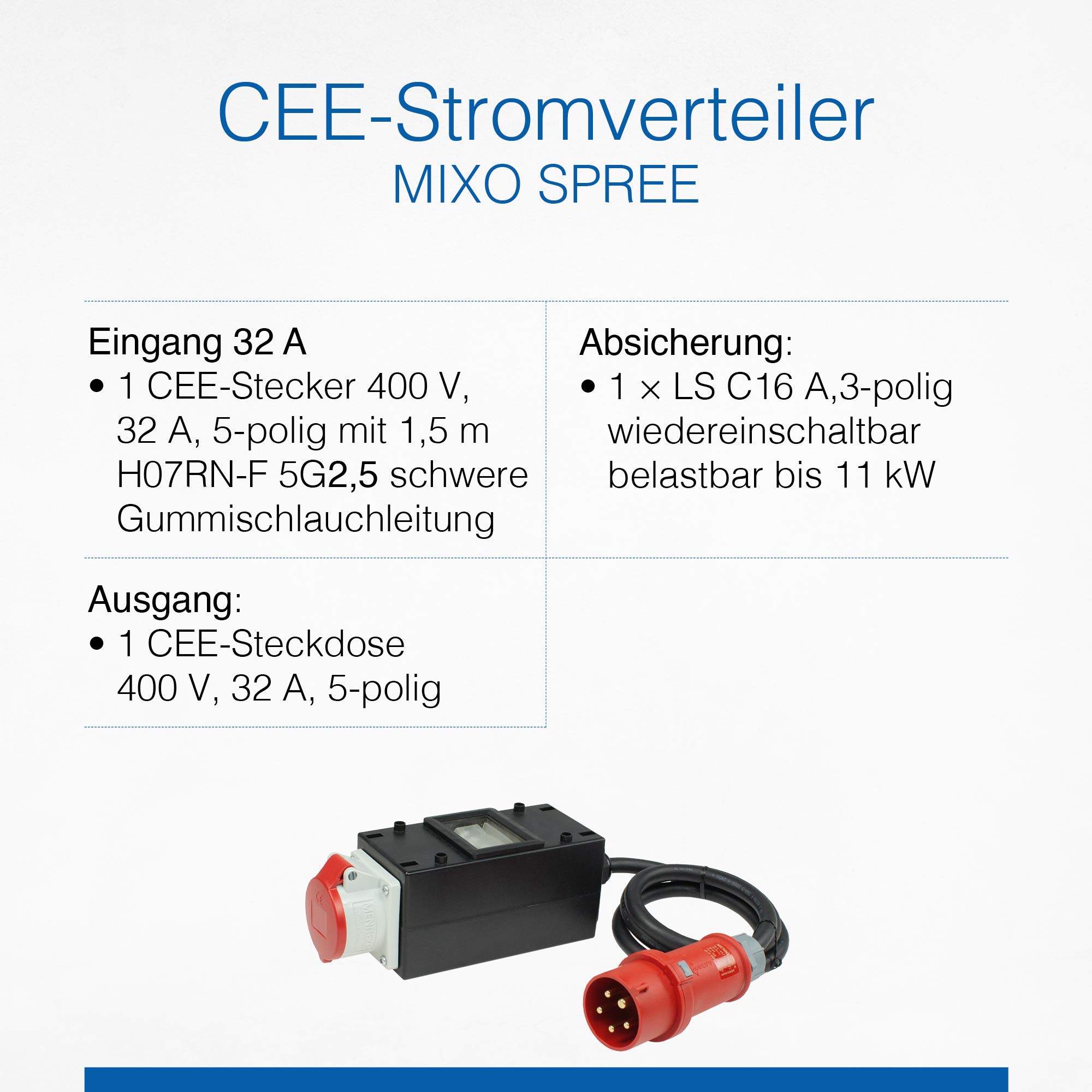 as - Schwabe - MIXO Distribuidor de corriente Spree 400 V /32 A / 5 polos - Enchufe CEE con cable de manguera de goma pesada de 1,5 m - Distribuidor de corriente para obras - IP44 - Hecho en Alemania