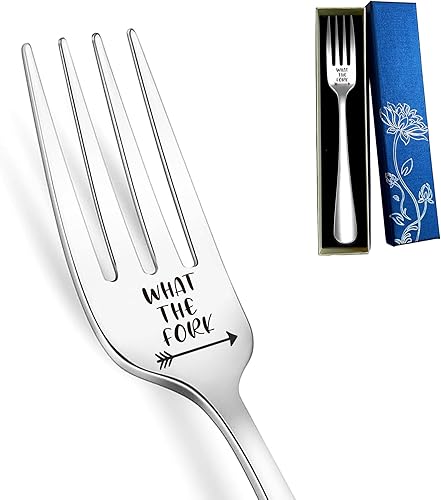 MeiFuJuW What the Fork Tenedor de cena de acero inoxidable grabado con caja de regalo, divertido tenedor regalos para novio, novia, marido, esposa,