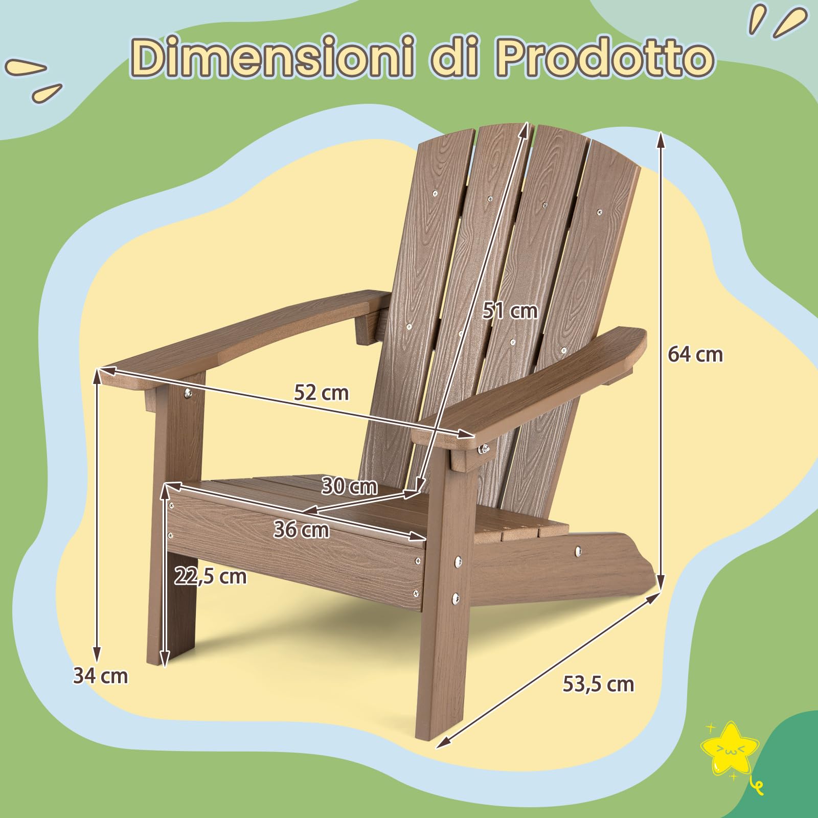 COSTWAY Sedia Adirondack per Bambini, Poltrona da Giardino in Plastica Resistente alle Intemperie con Schienale a Doghe Inclinato, Sedia Adirondack per Patio e Balcone, Portata 75 kg (Marrone)