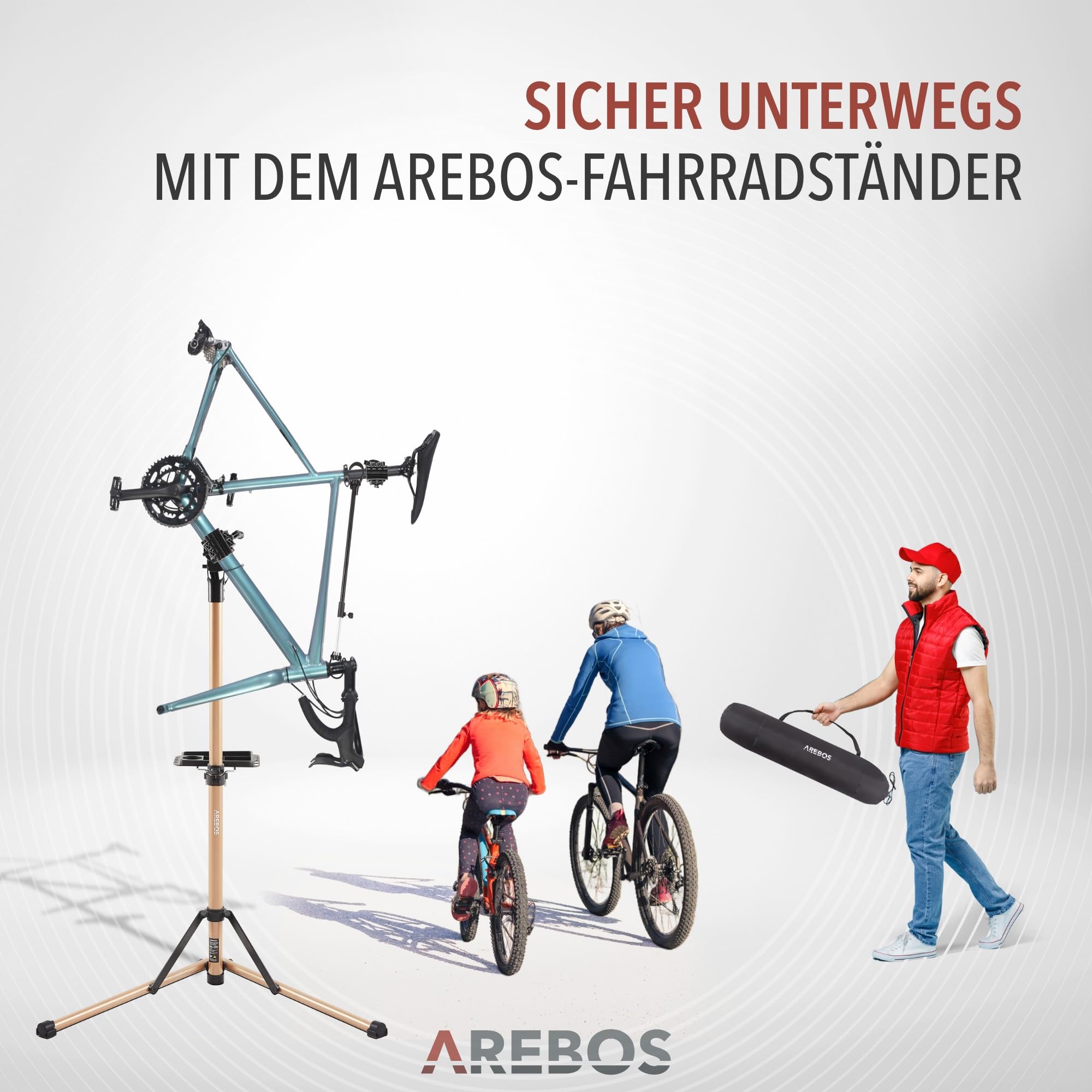 Arebos Fahrrad-Montageständer aus Aluminium – Profi Reparaturständer für E-Bike, Mountainbike & Fahrrad, 360° drehbar, mit Tasche und Schnellspannvorrichtung Champagner