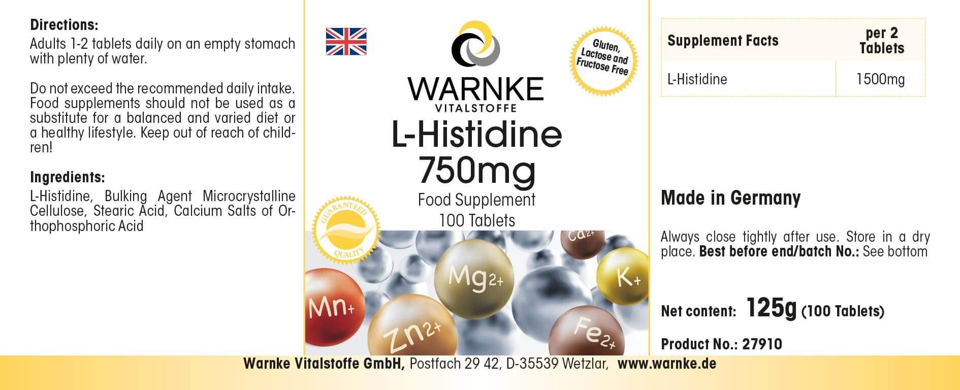 L-Histidin 750mg - hochdosiert & vegan - Aminosäure - 100 Tabletten | Warnke Vitalstoffe - Deutsche Apothekenqualität (Packung mit 2)