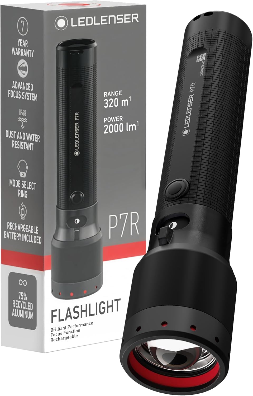 Ledlenser P7R Rechargeable Flashlight - 4600mAh Li-ion, Black - 2000-Lumen Boost & 320m Beam, High-Lumen Flashlights - Flicker-Free Flood-to-Spot Beam - 80h Runtime & Fast USB-C Charging