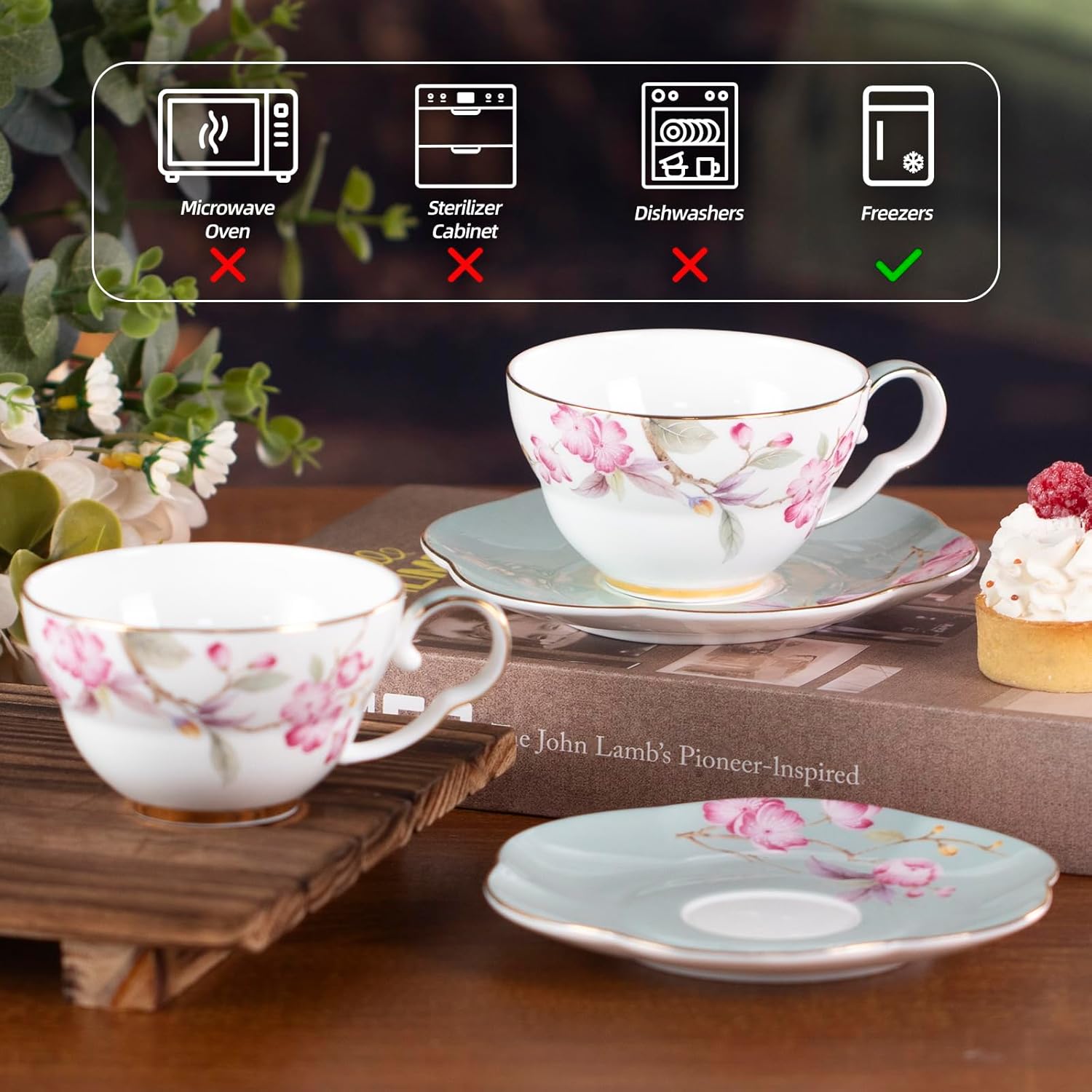 KAMMAK Ceramic Coffee Cups Saucers Set of 2, Porcelain Espresso Cups with Saucers, 5.41 oz Handmade Elegant Bone China Tea Cup, Ceramic Floral Pattern Demitasse for Latte, Americano, Cappuccino