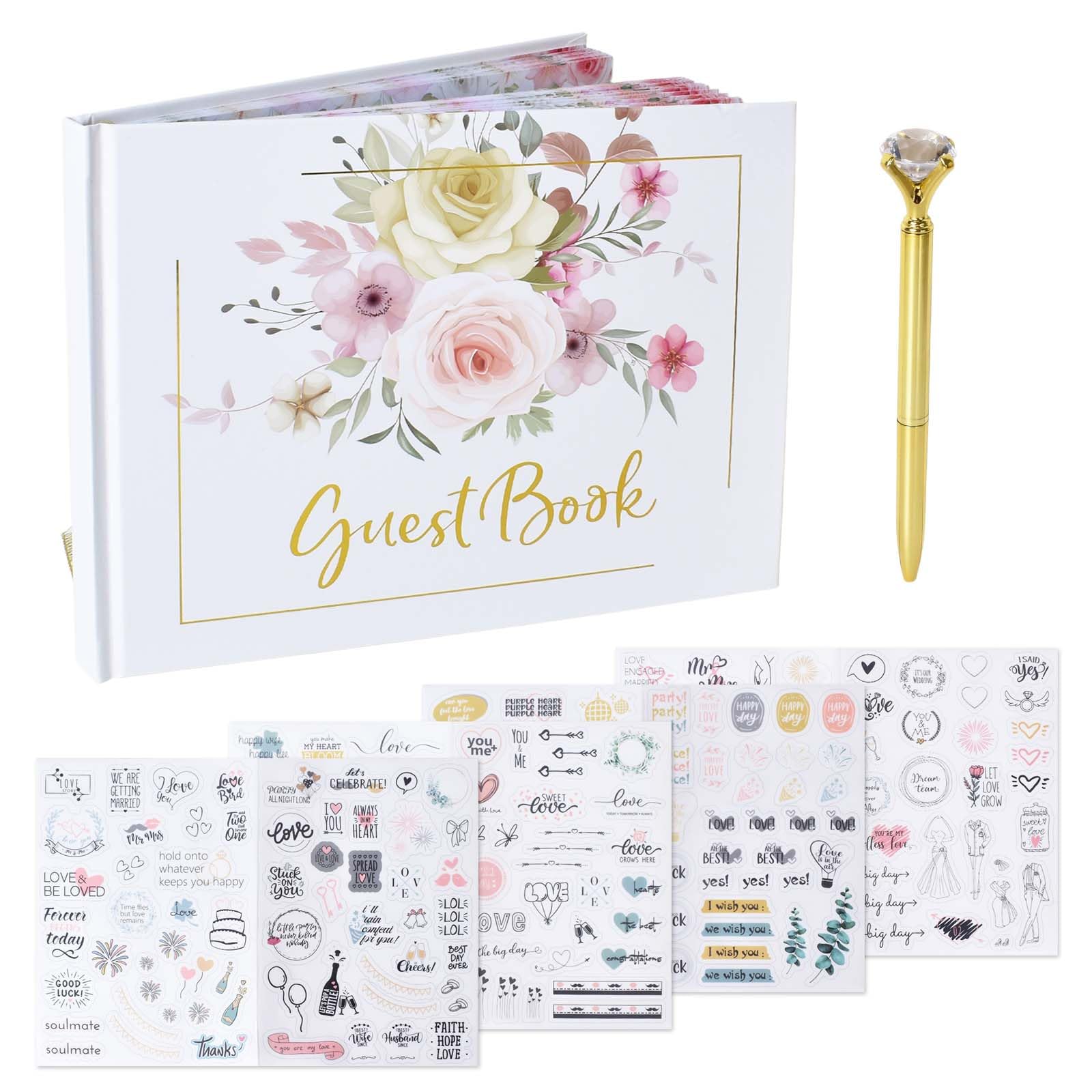 Libro de Firmas Boda, Libro de Invitados Boda con Portada Rígida con Pluma y 4 Pegatinas, para Celebraciones Elegantes y Álbum de Fotos DIY