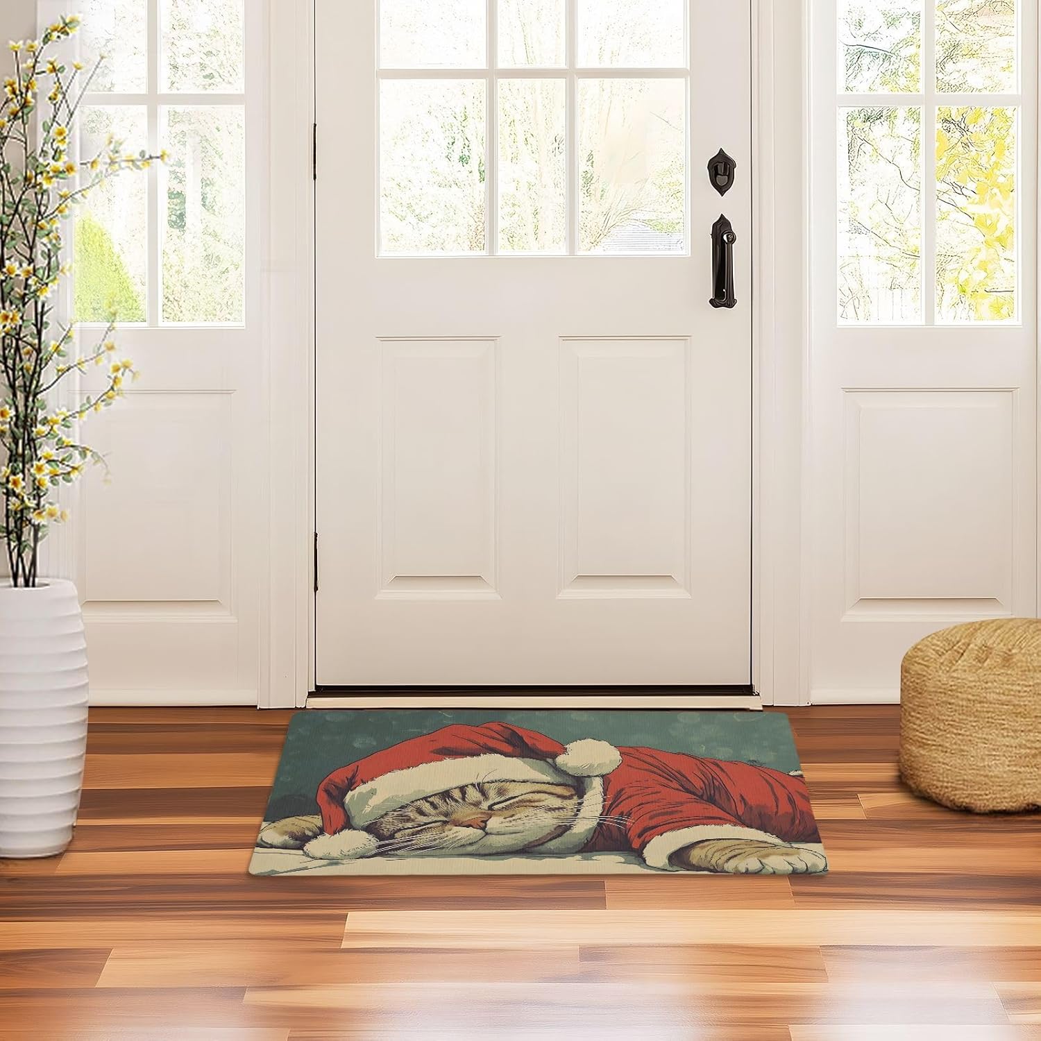 Doormat Cat Christmas Hat Cute Outdoor Indoor Doormat Low Profile Non-Slip Floor Mats for Home Entrance Funny Cute Cool Doormat 20” x 32”
