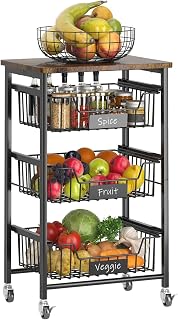 4-Tier Small Kitchen Storage Cart on Wheels, Metal Fruit Basket Stand with Pull-Out Baskets & Wood Top for Potato Onion Produce Snack Veggies