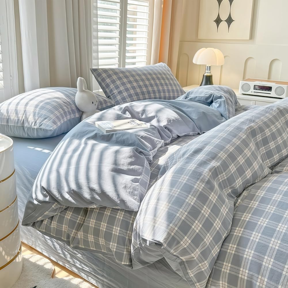 Michorinee King Size Duvet Cover Set Dark Blue White Plaid Print Country Style Bedding Set with Zipper Closure Soft & Breathable 110g/ใก Washed Microfibre Quilt Cover with 2 Pillowcases 50x75 cm โ image 1