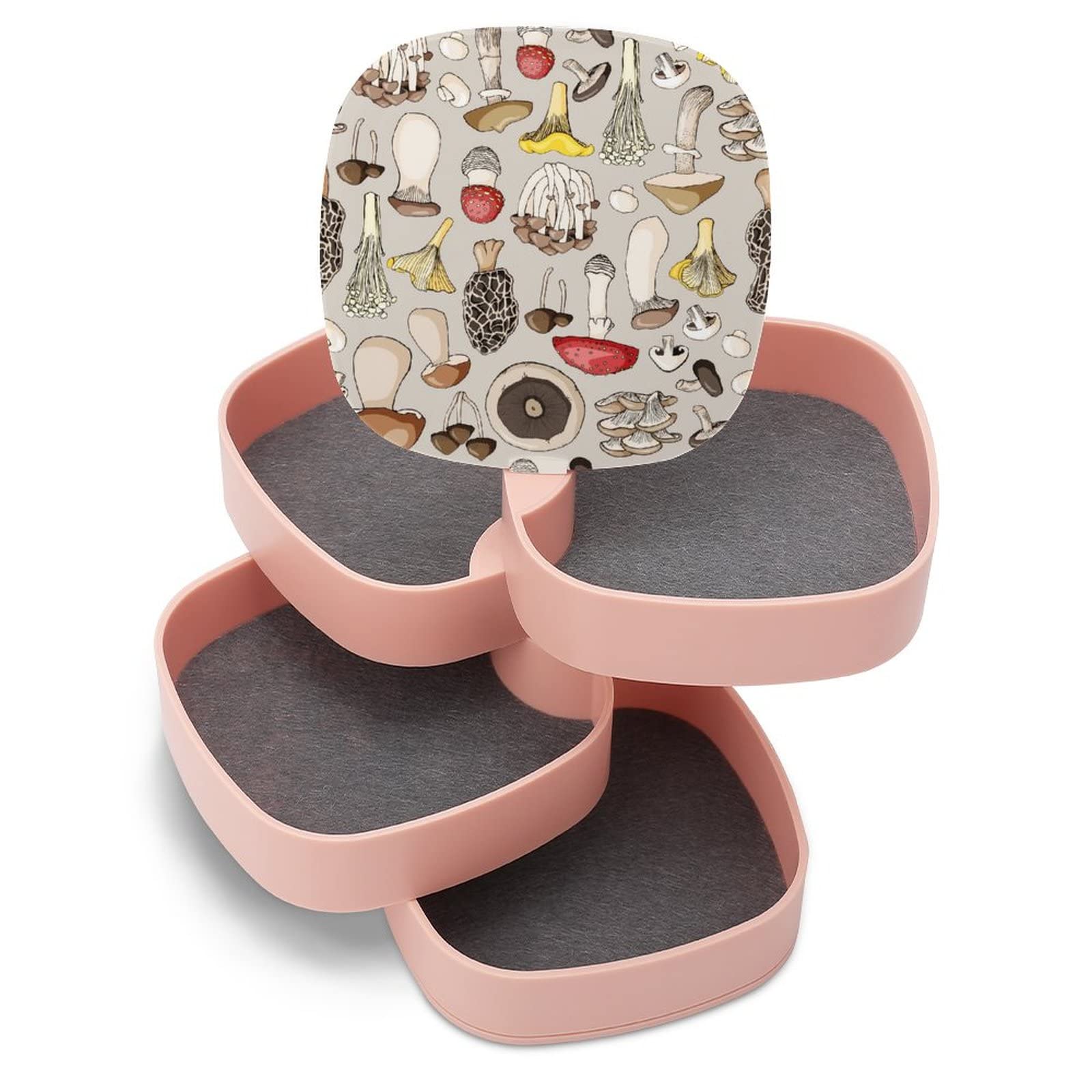 Oyihfvs Women's Multi 9 Different Mushrooms And Toadstools Jewelry Box With Mirror, 360 Degree Rotating 4-Layer Tray With Lid, Storage Bag Case For Rings, Necklaces, Bracelets