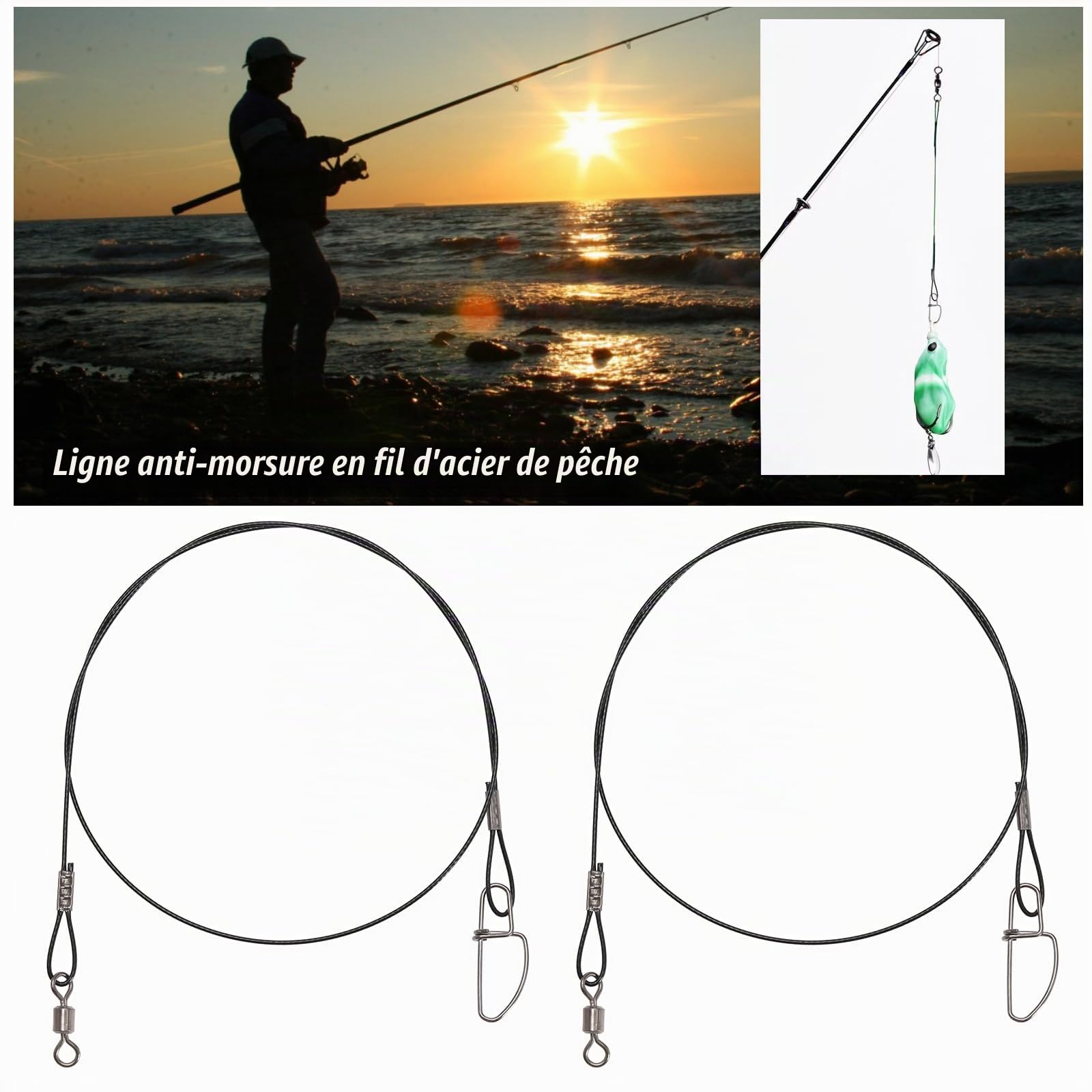 30pcs Leaders de Fil de Pêche 45kg/100lb 50cm/19 Pouces en Acier Inoxydable Anti-Morsure Pêche Leurre Fil Leader Plates-Formes avec Émerillons et Boutons-Pression pour Pêche en Plein Air